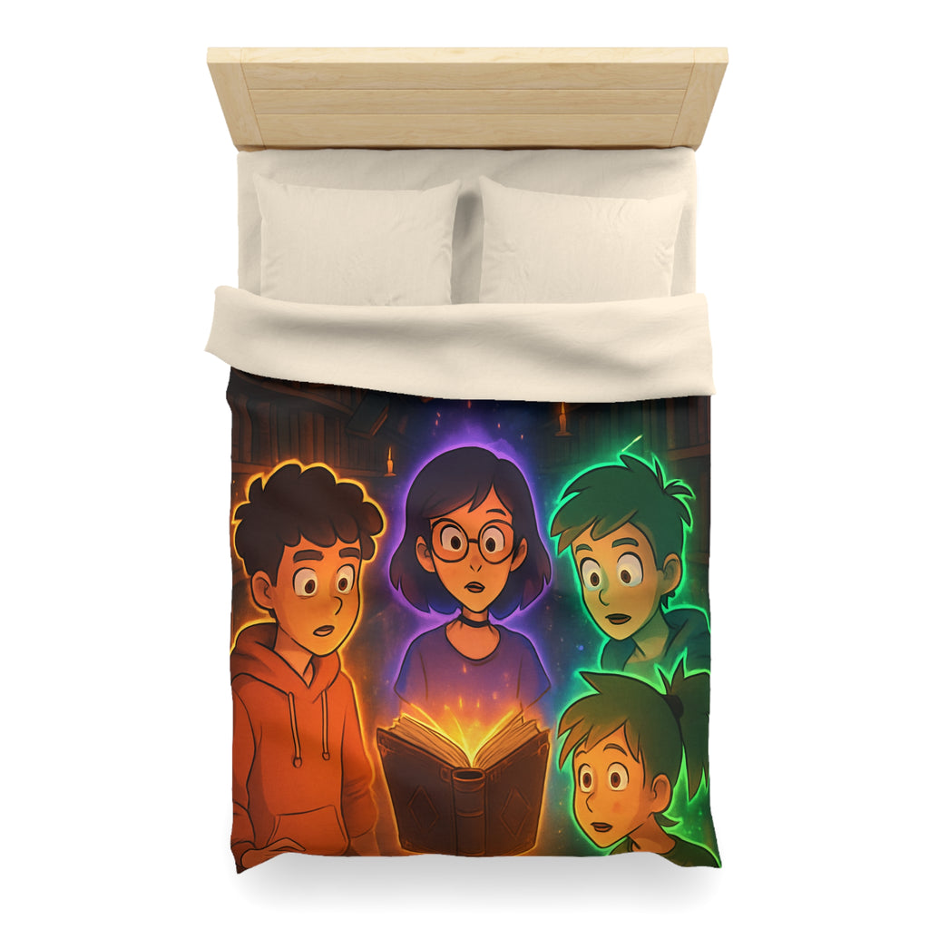 Housse de Couette Mystérieuse avec Enfants Découvrant Livre Magique dans Bibliothèque Enchantée