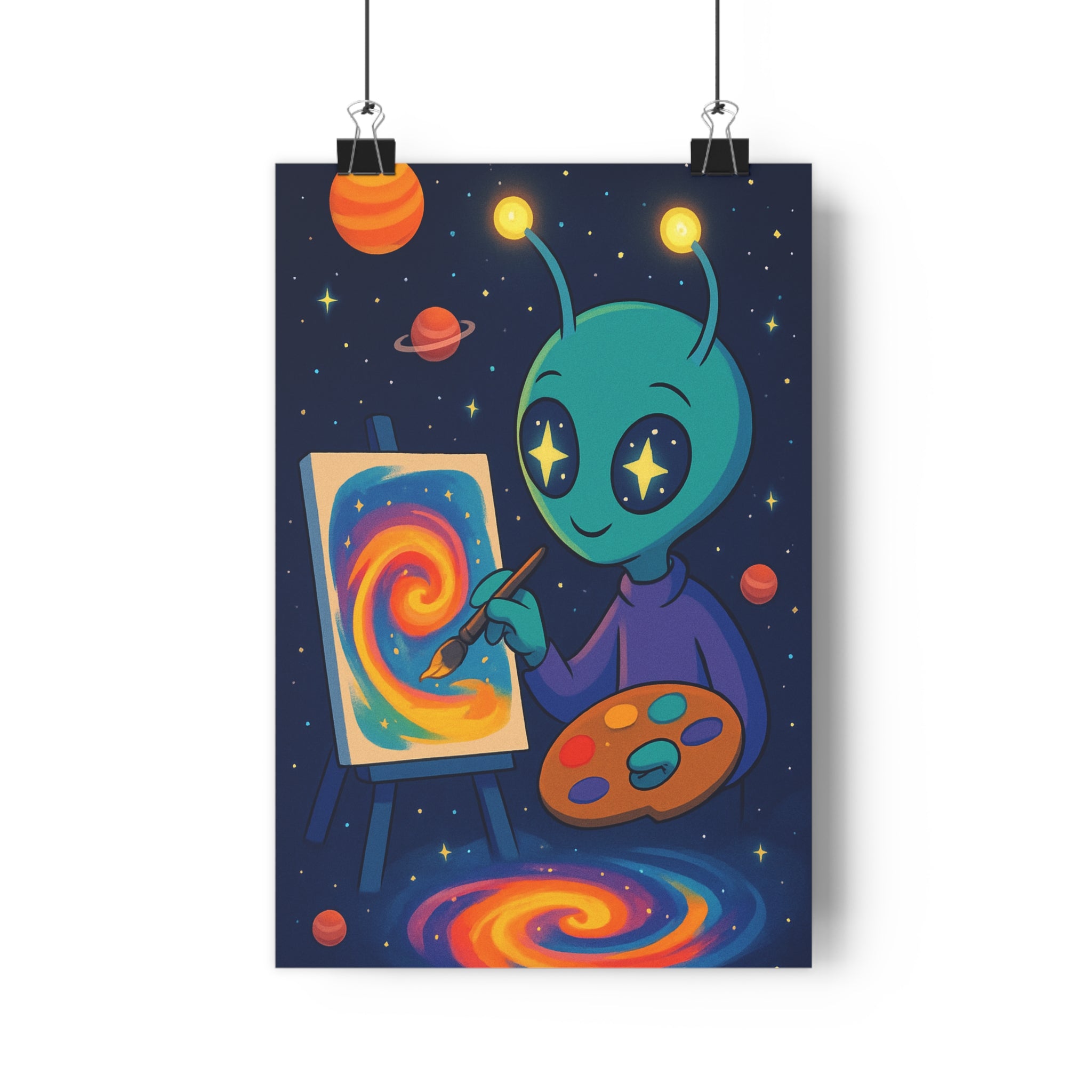 Poster décoratif extraterrestre vert lumineux cartoon espace joyeux enfant sciencefiction créatif artistique couleur jaune