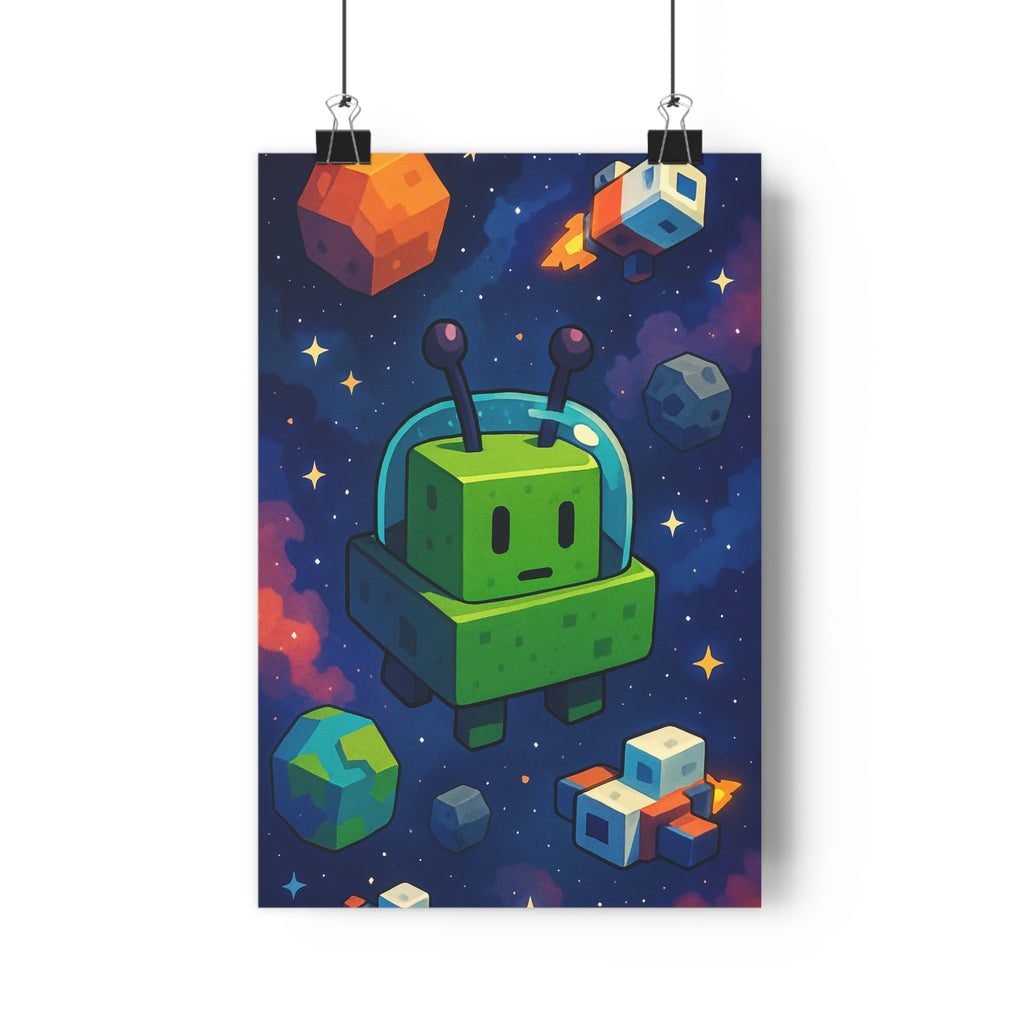 Poster décoratif cartoon vert bleu orange espace enfant aventure ludique moderne créatif unique design