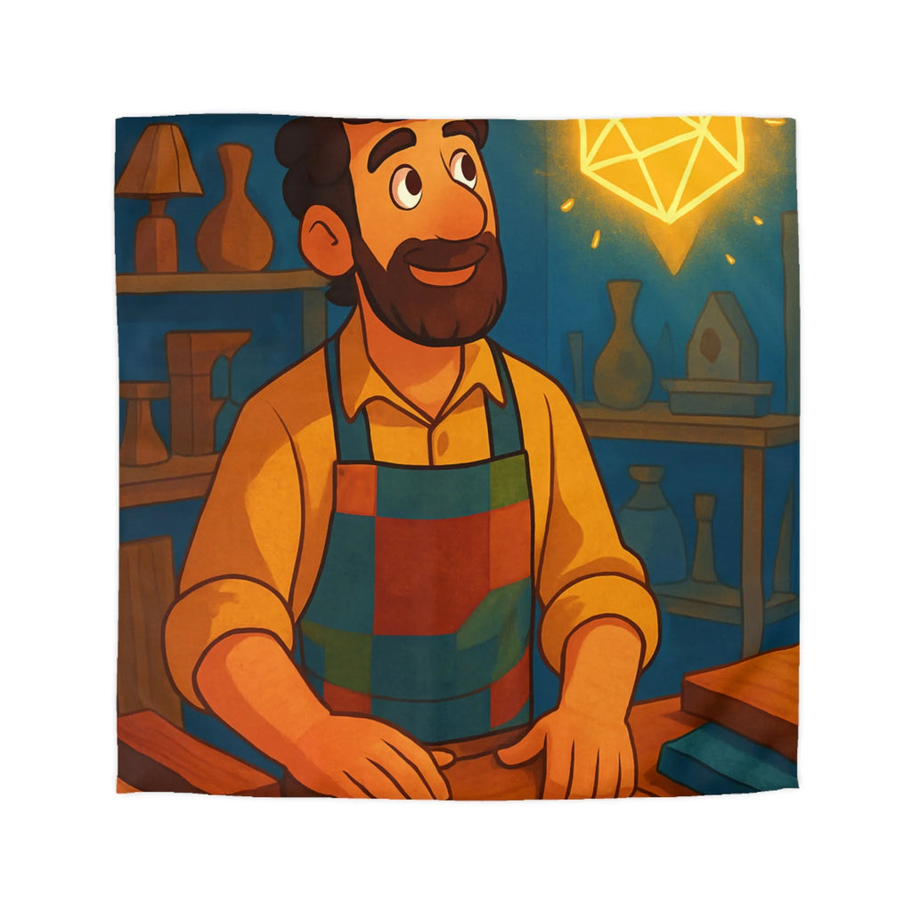 Artisan souriant dans atelier vibrant avec formes géométriques lumineuses pour belle décoration