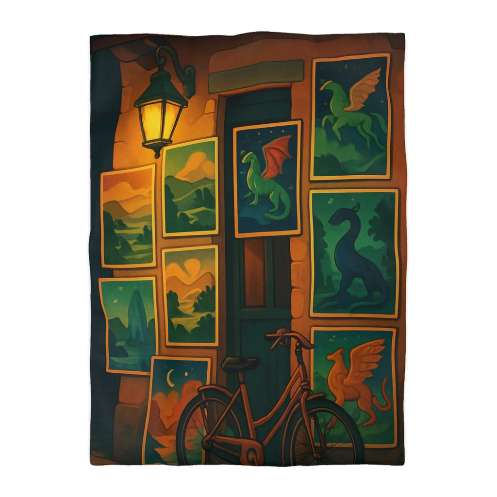 Housse de couette artistique avec dragons mythiques et paysage nocturne, ambiance mystérieuse