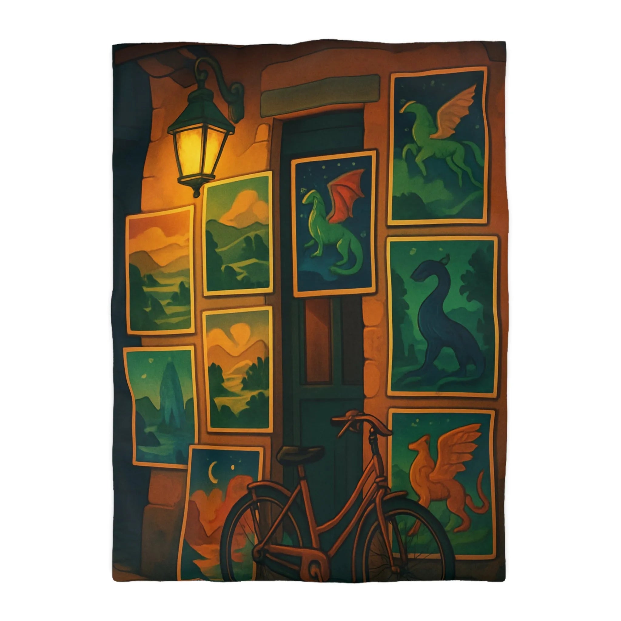 Housse de couette artistique avec dragons mythiques et paysage nocturne, ambiance mystérieuse