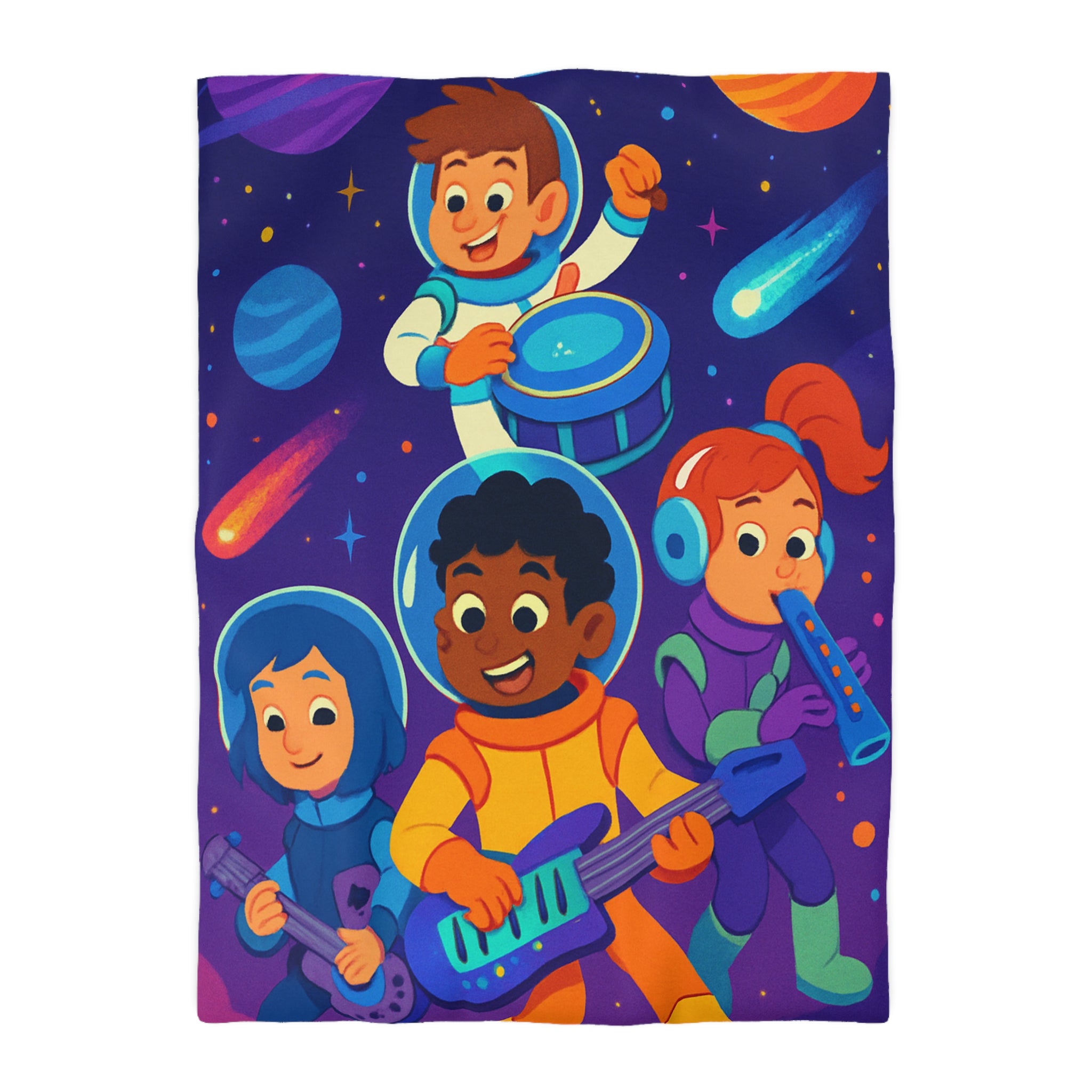 Housse de couette spatiale colorée avec enfants musiciens et planètes virevoltantes