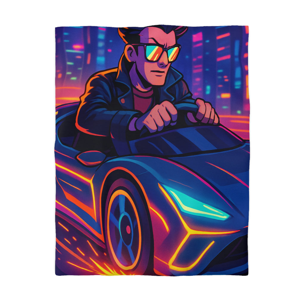 Housse de couette urbaine rétro futuriste avec néons et voiture sportive élégante