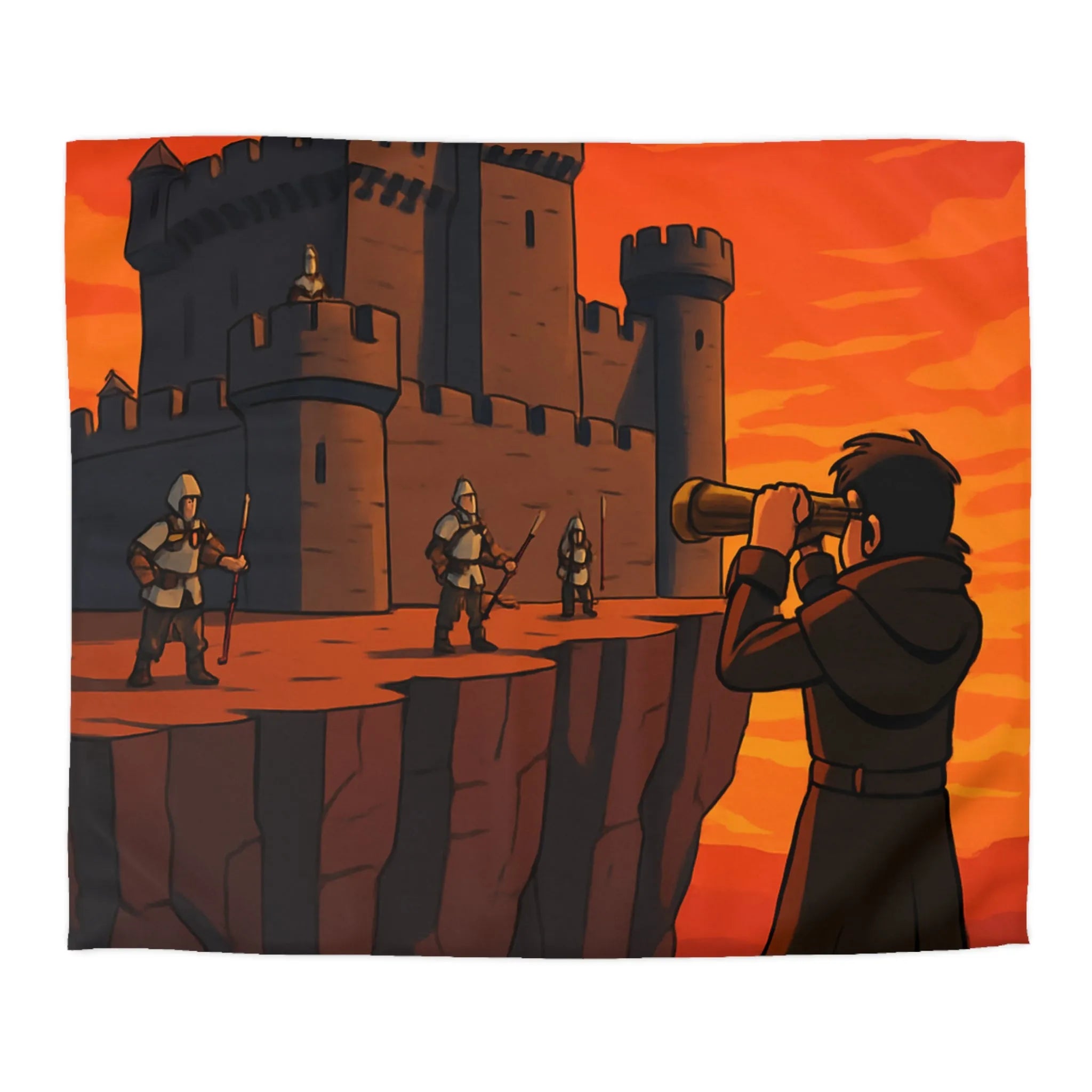 Housse de couette médiévale avec forteresse et observateur sous coucher de soleil épique