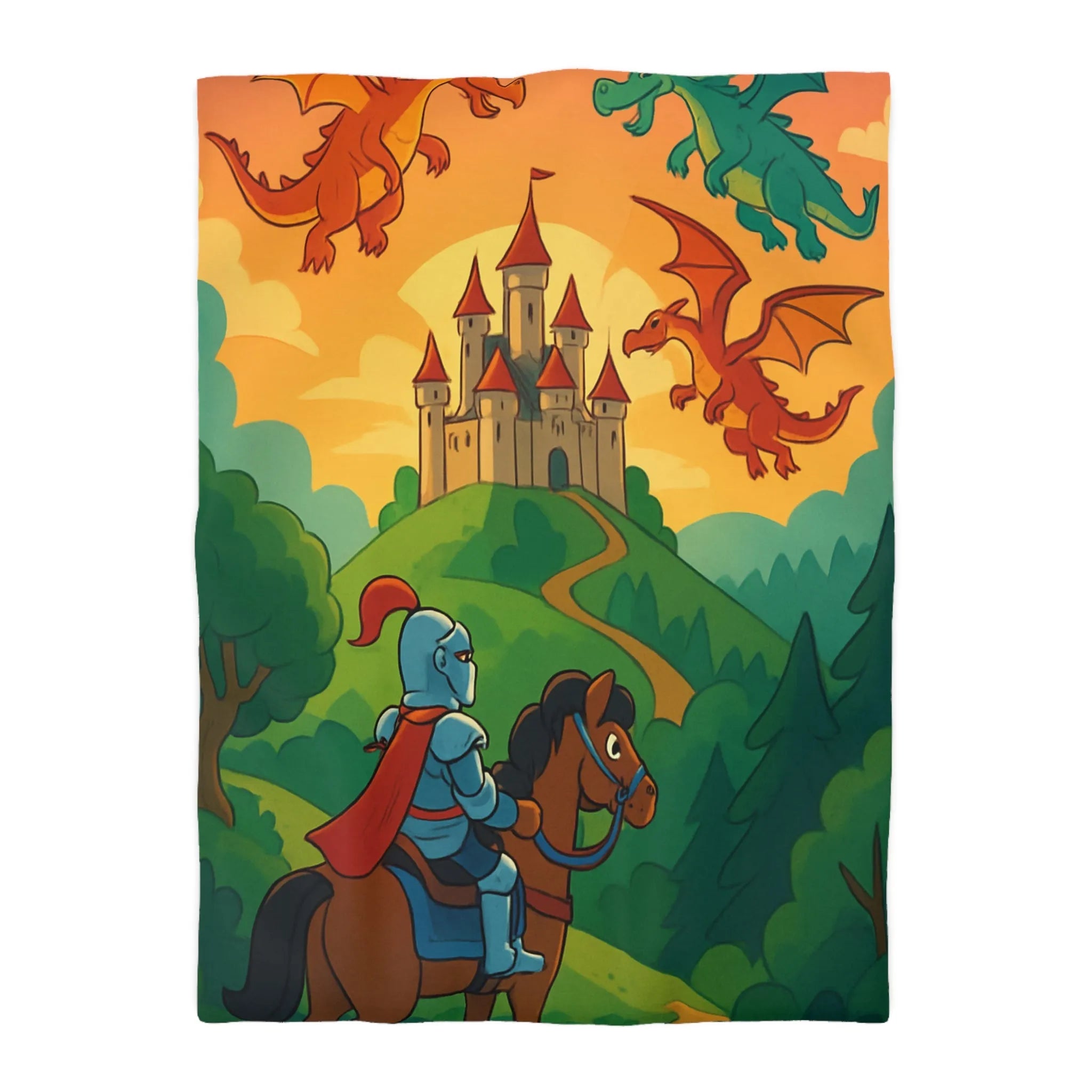 Housse de couette chevalier et dragons colorés pour chambre enfant thème aventure magique