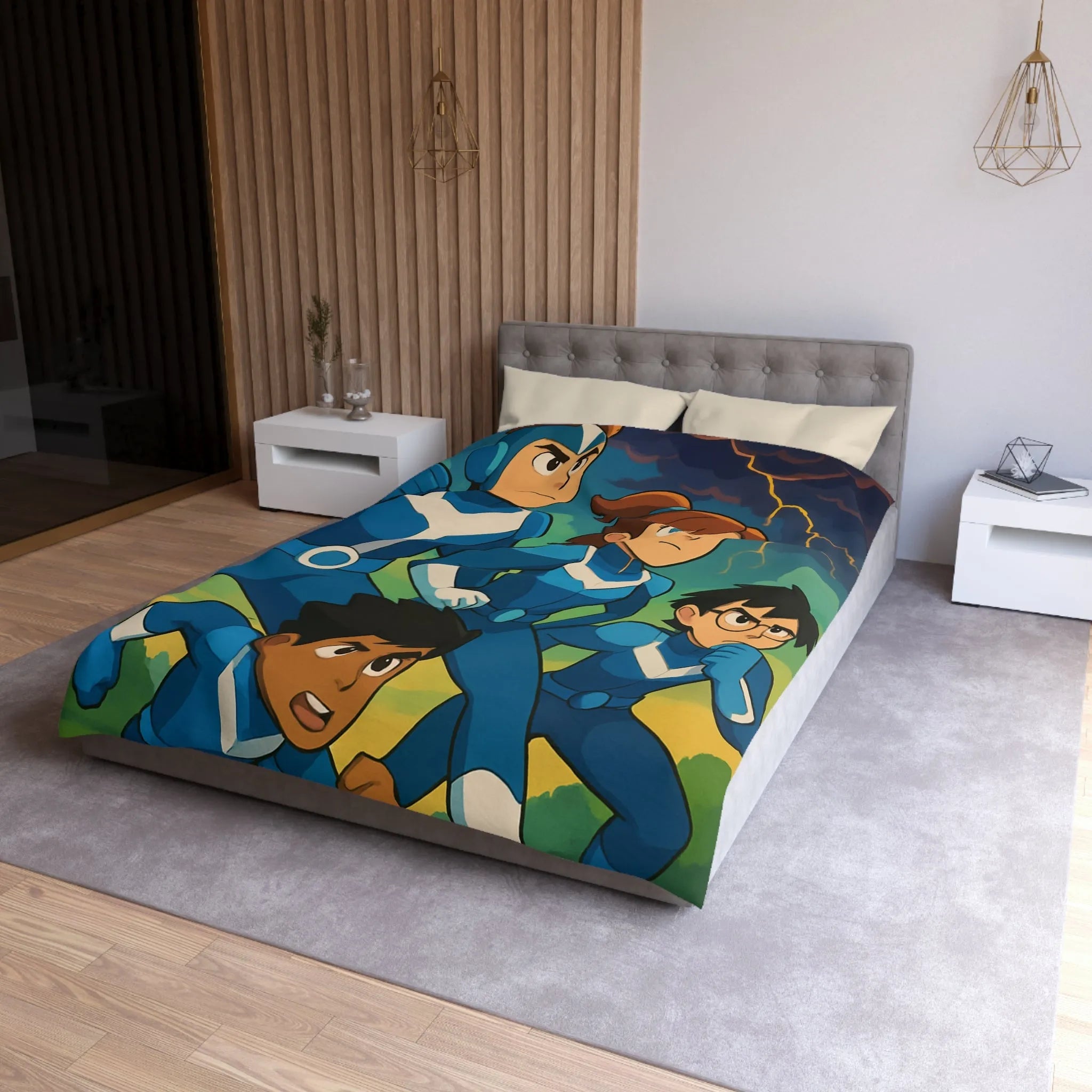 Housse de couette aventure : personnages animés et ciel orageux captivant pour chambre dynamique