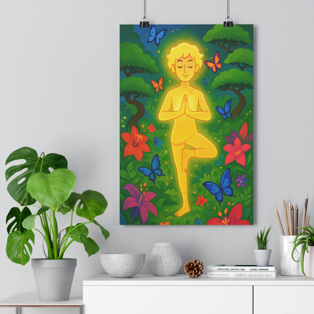 Poster décoratif yoga fleurs papillons animé coloré vert rouge bleu paisible sérénité salon qualité
