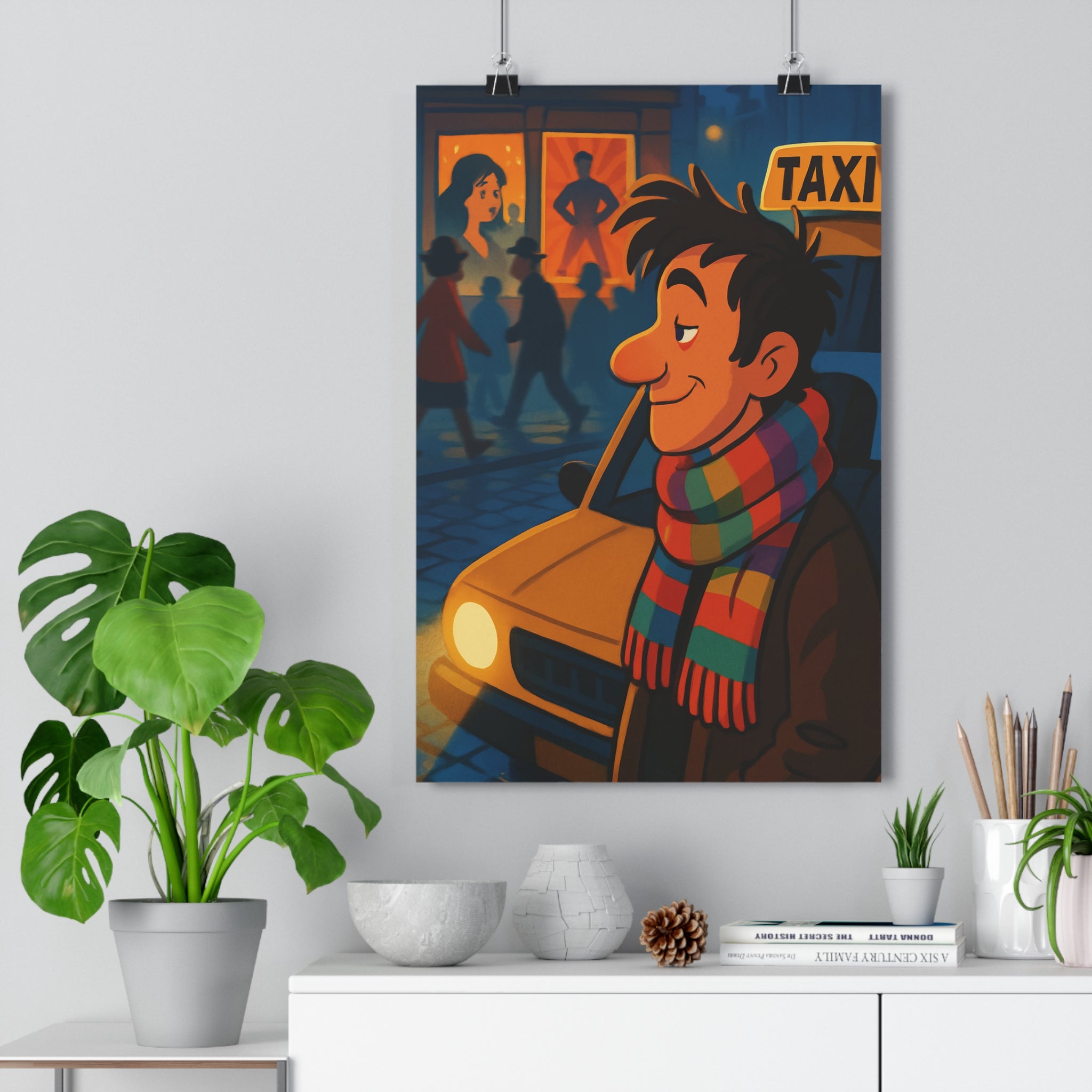 Poster décoratif dessin animé jaune rouge ville lumineux joyeux chambre salon tendance qualité unique