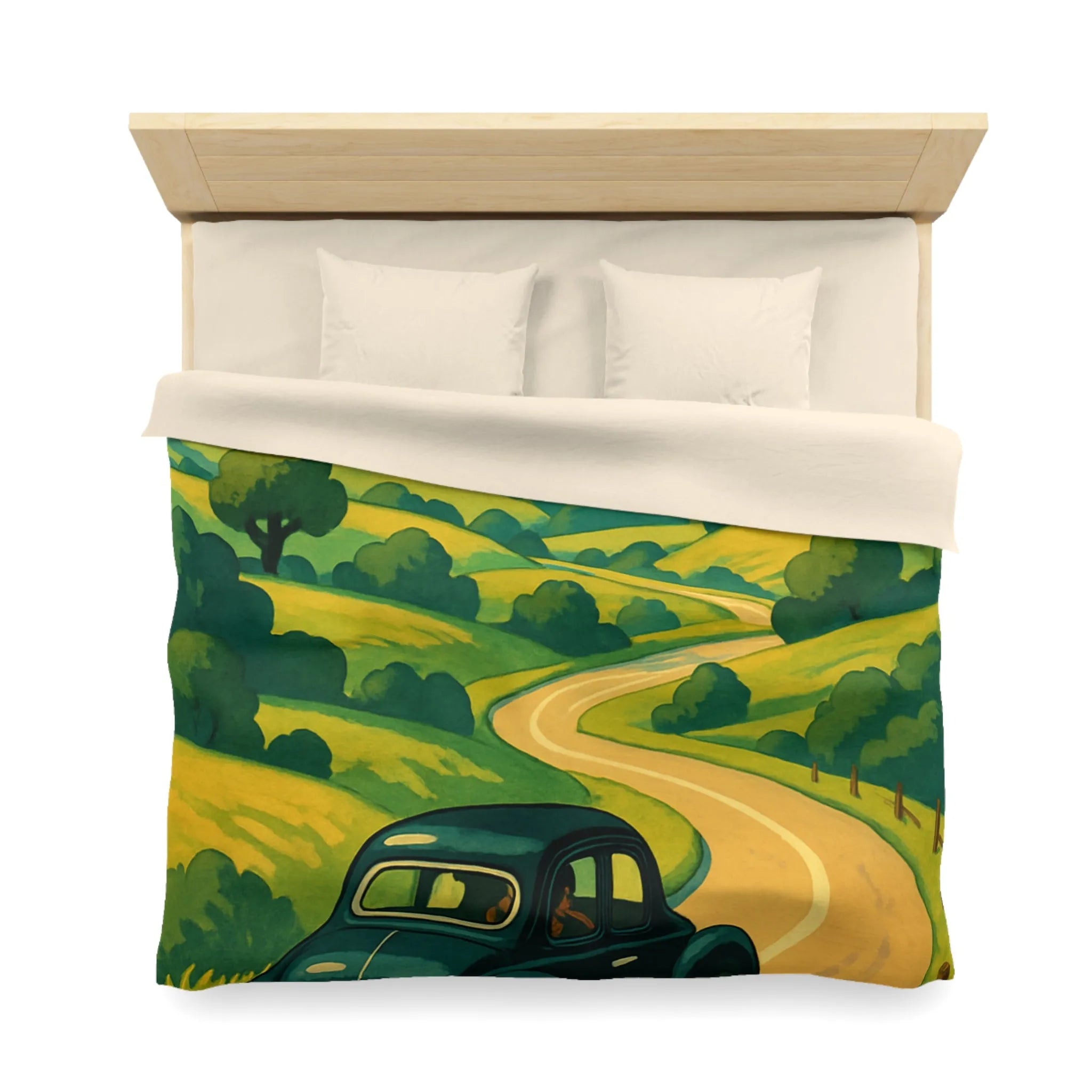 Charmante voiture rétro sur route sinueuse à travers collines verdoyantes et ciel ensoleillé