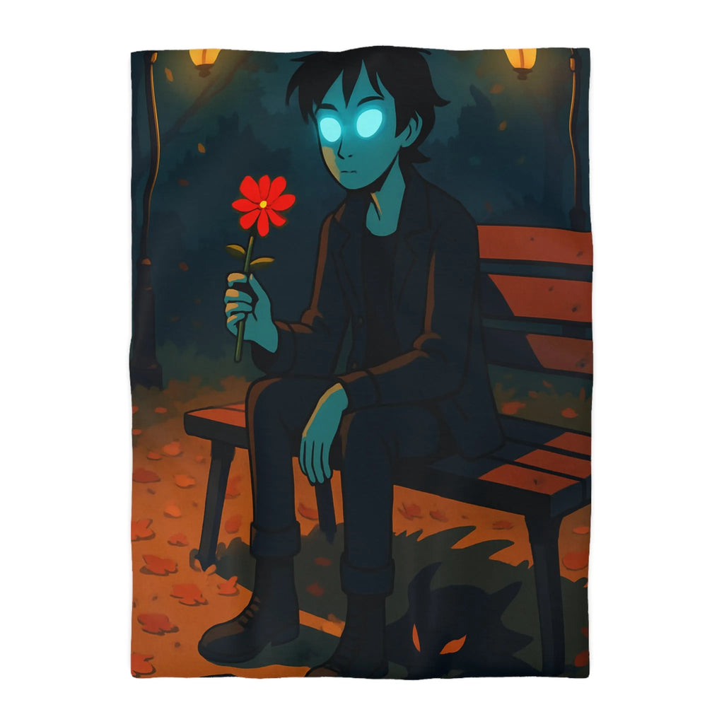 Housse de couette de parc nocturne mystérieux avec personnage sombre aux yeux lumineux