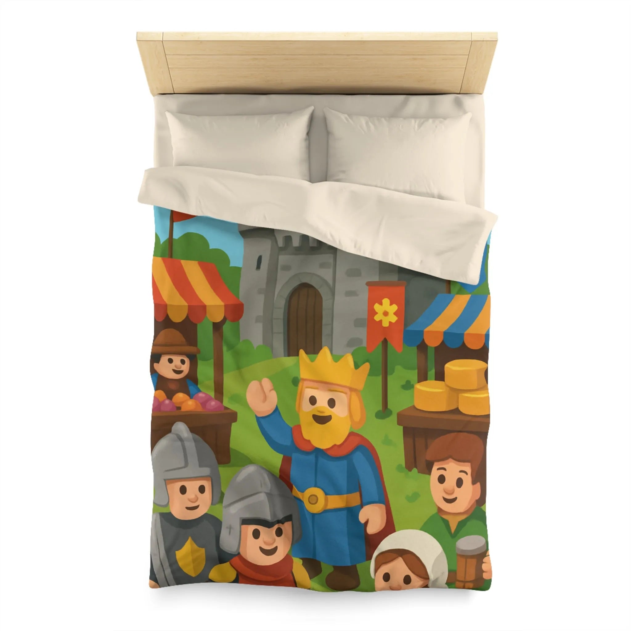 Housse de Couette Ludique Moyen Âge Château Roi et Marché Animé Coloré
