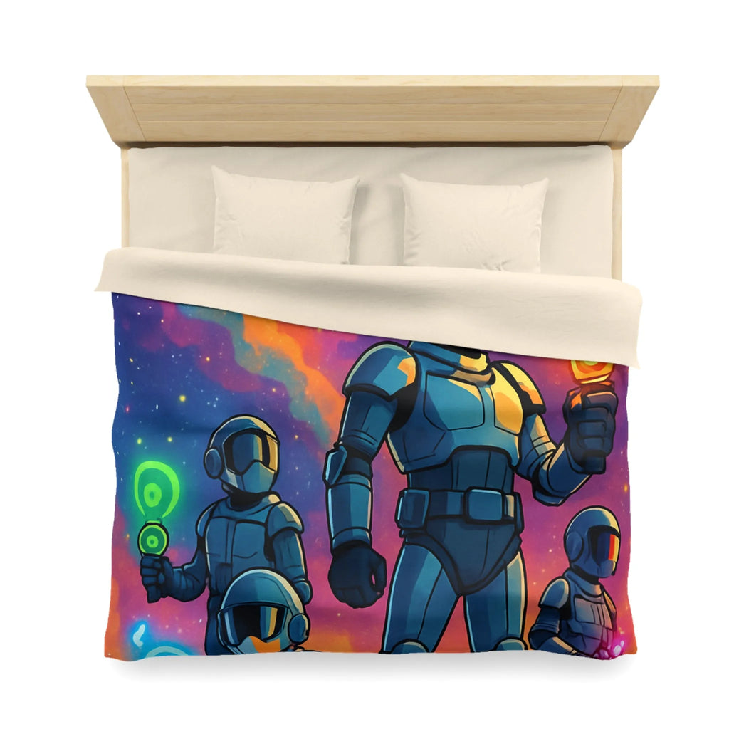 Housse de couette futuriste colorée avec quatre astronautes sous galaxie vibrante et étoilée