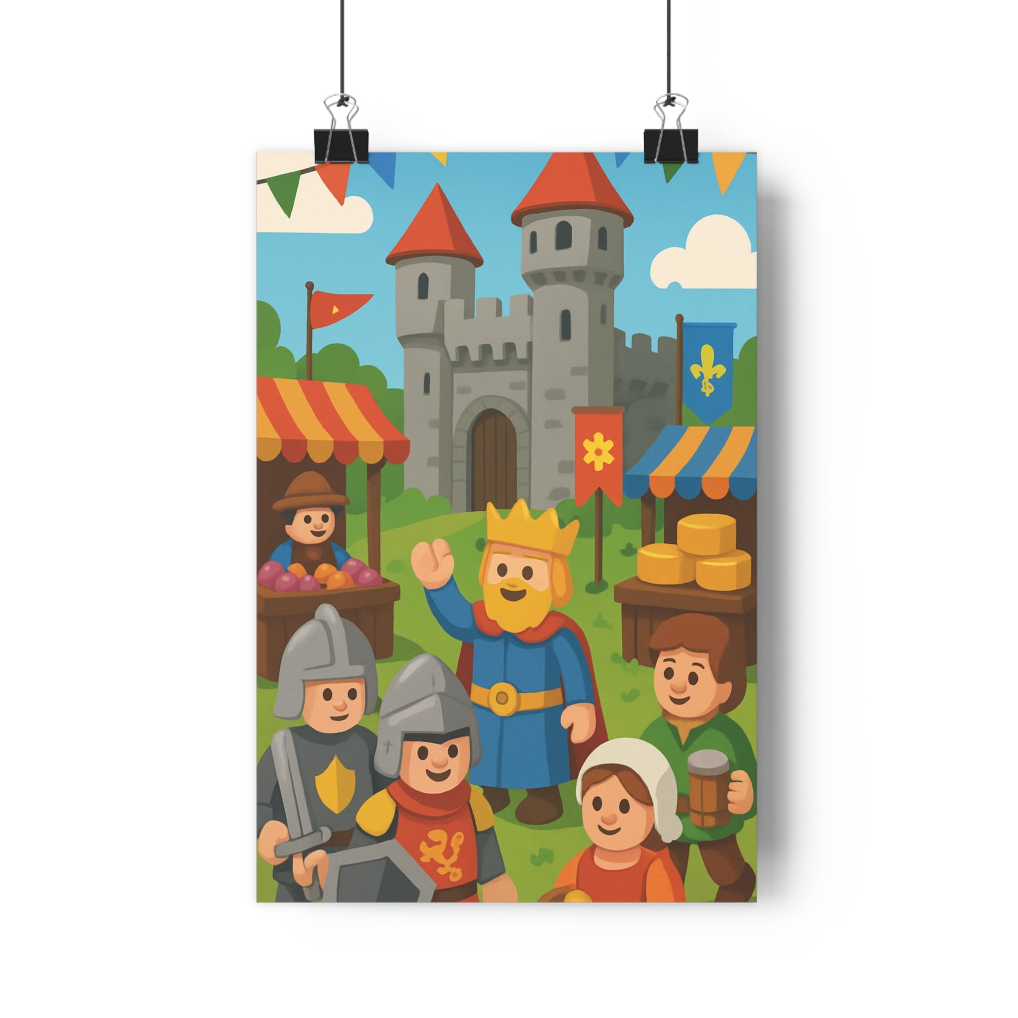 Poster décoratif médiéval rouge cartoon joyeux enfant chambre château chevaliers ambiance festive aventurier 30x46