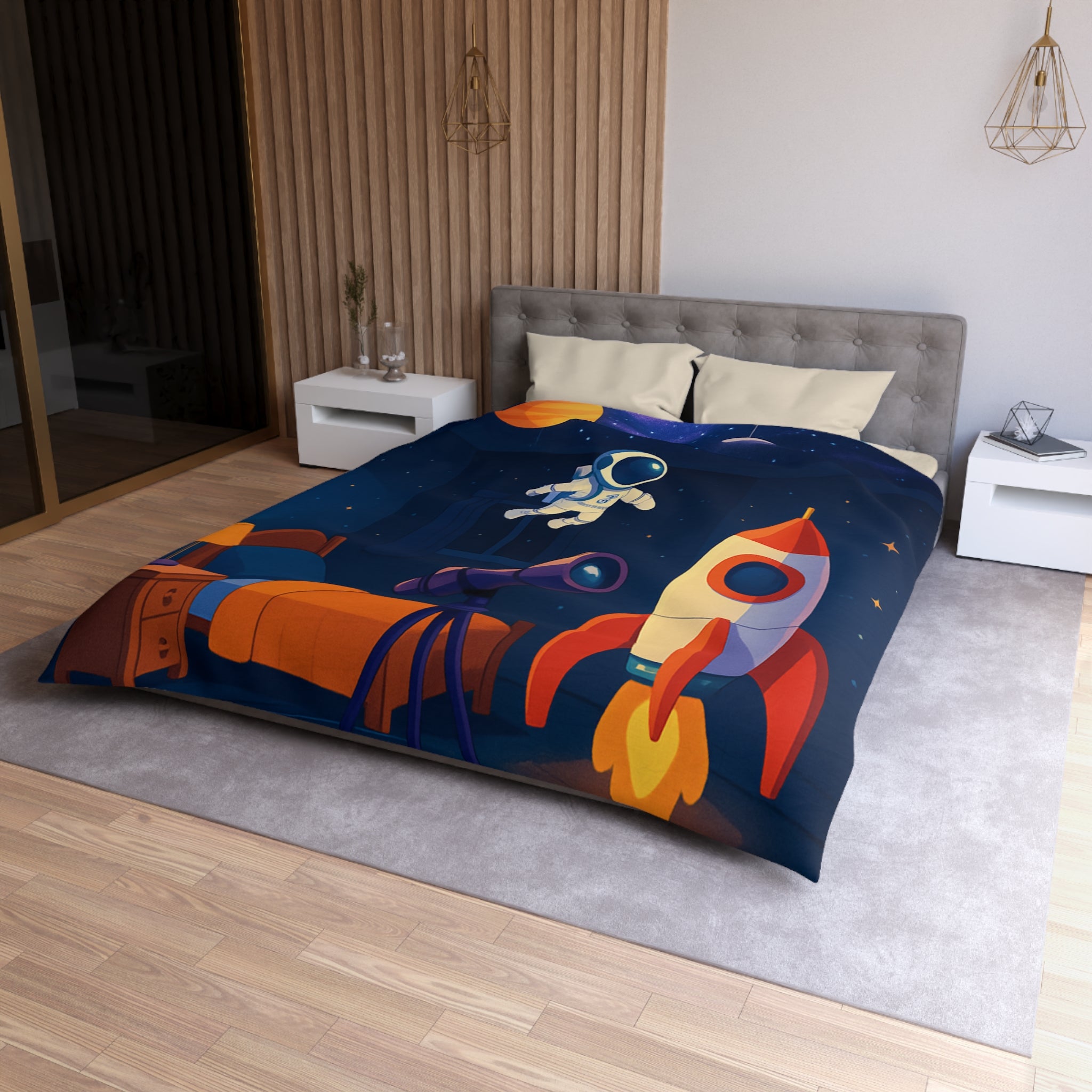 Housse de Couette Spatiale Enfant avec Astronaute Fusée et Planètes Colorées