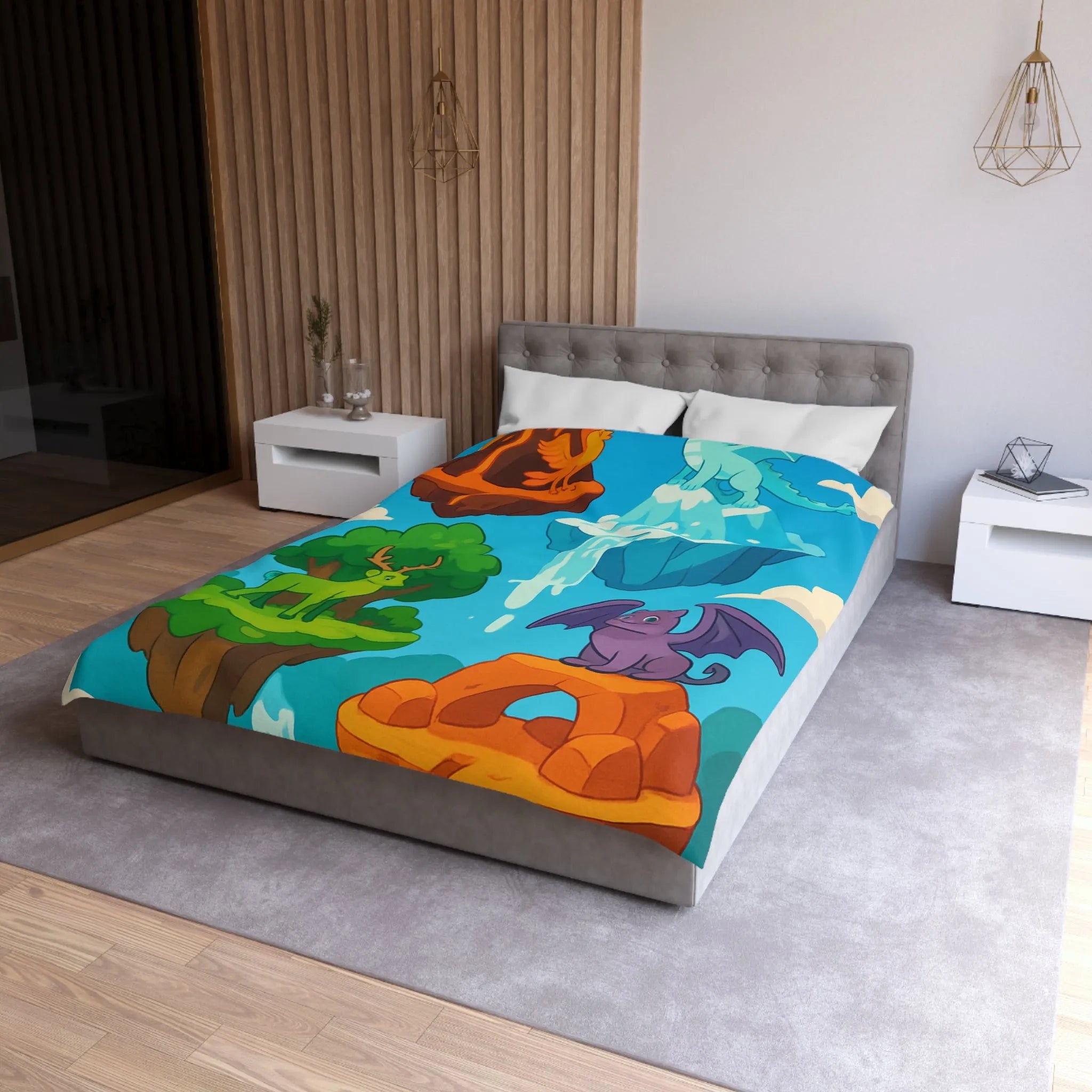 Housse de couette fantasy avec îles flottantes et créatures magiques colorées