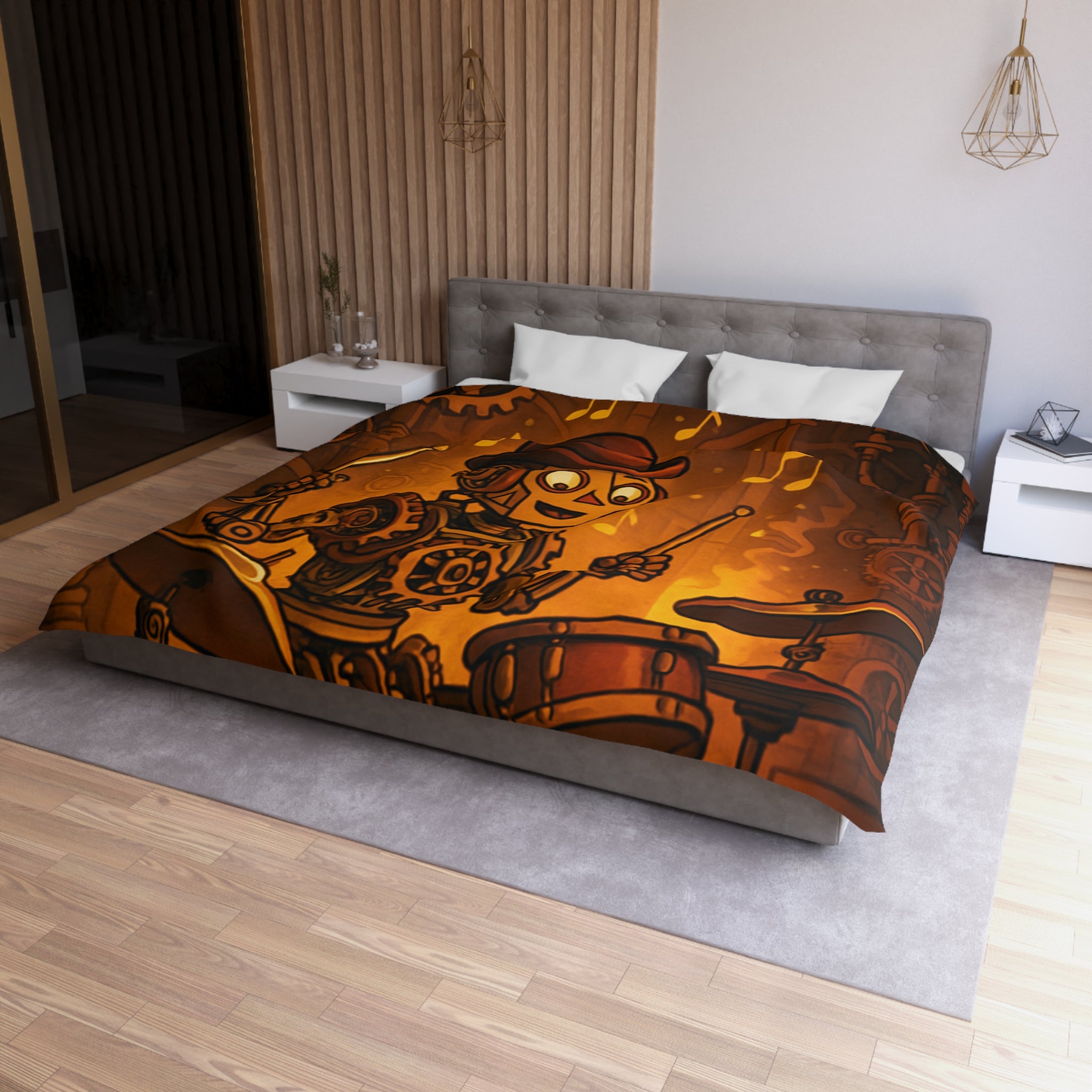 Housse de couette steampunk robot joueur de batterie pour chambre artistique et moderne