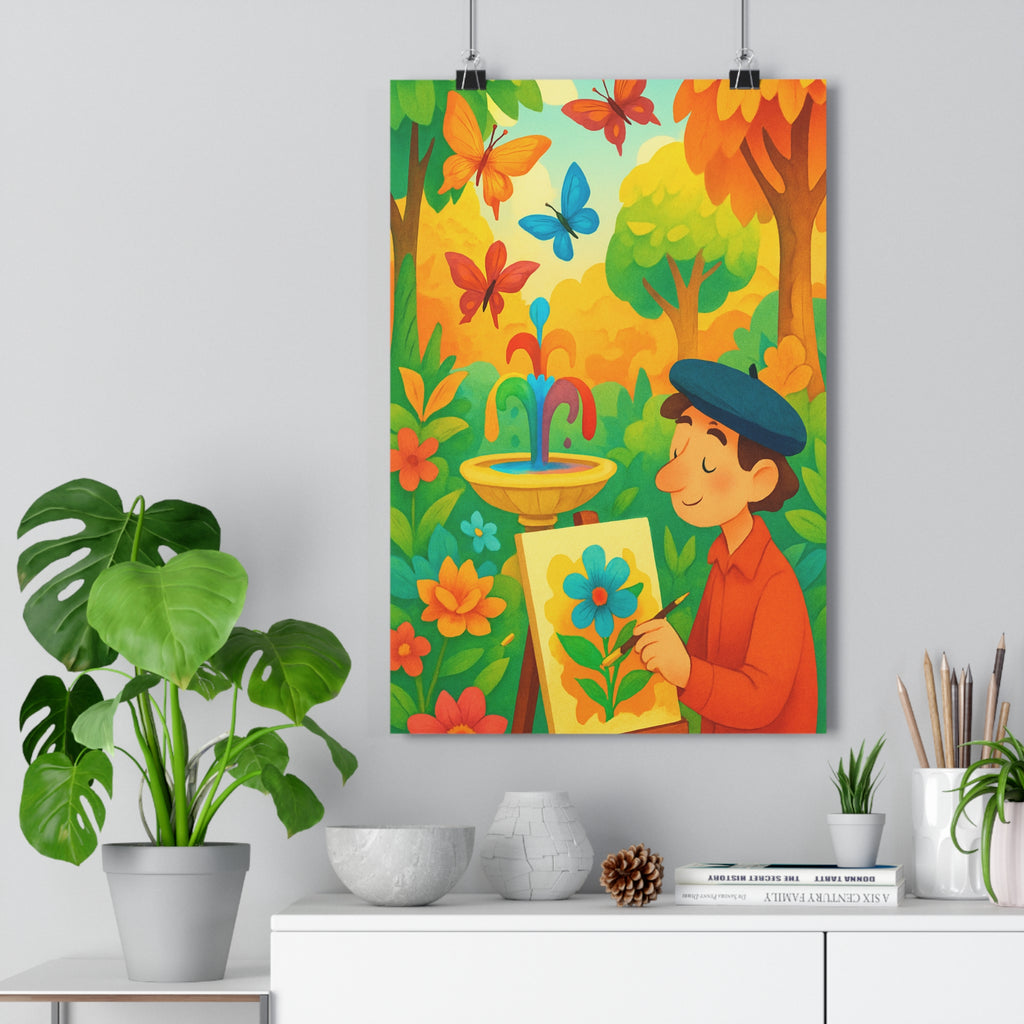 Poster décoratif jardin féerique fleurs papillons colorés joyeux salon chambre enfant artistique multicolore qualité