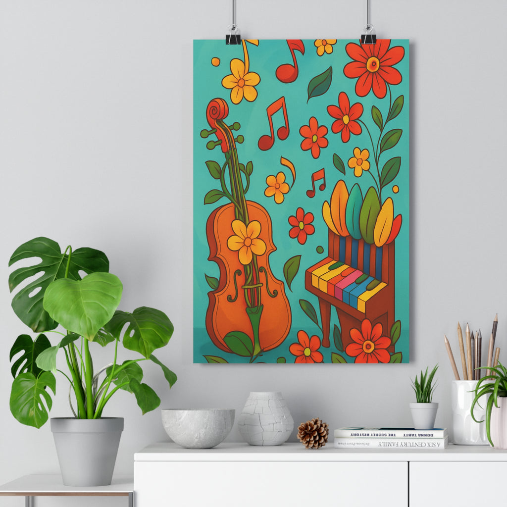 Poster décoratif fleurs violoncelle cartoon coloré vibrant joyeux salon chambre musique créatif ambiance qualité
