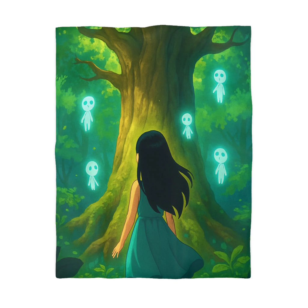 Housse de couette forêt mystique avec fille et esprits lumineux style onirique enchanteur