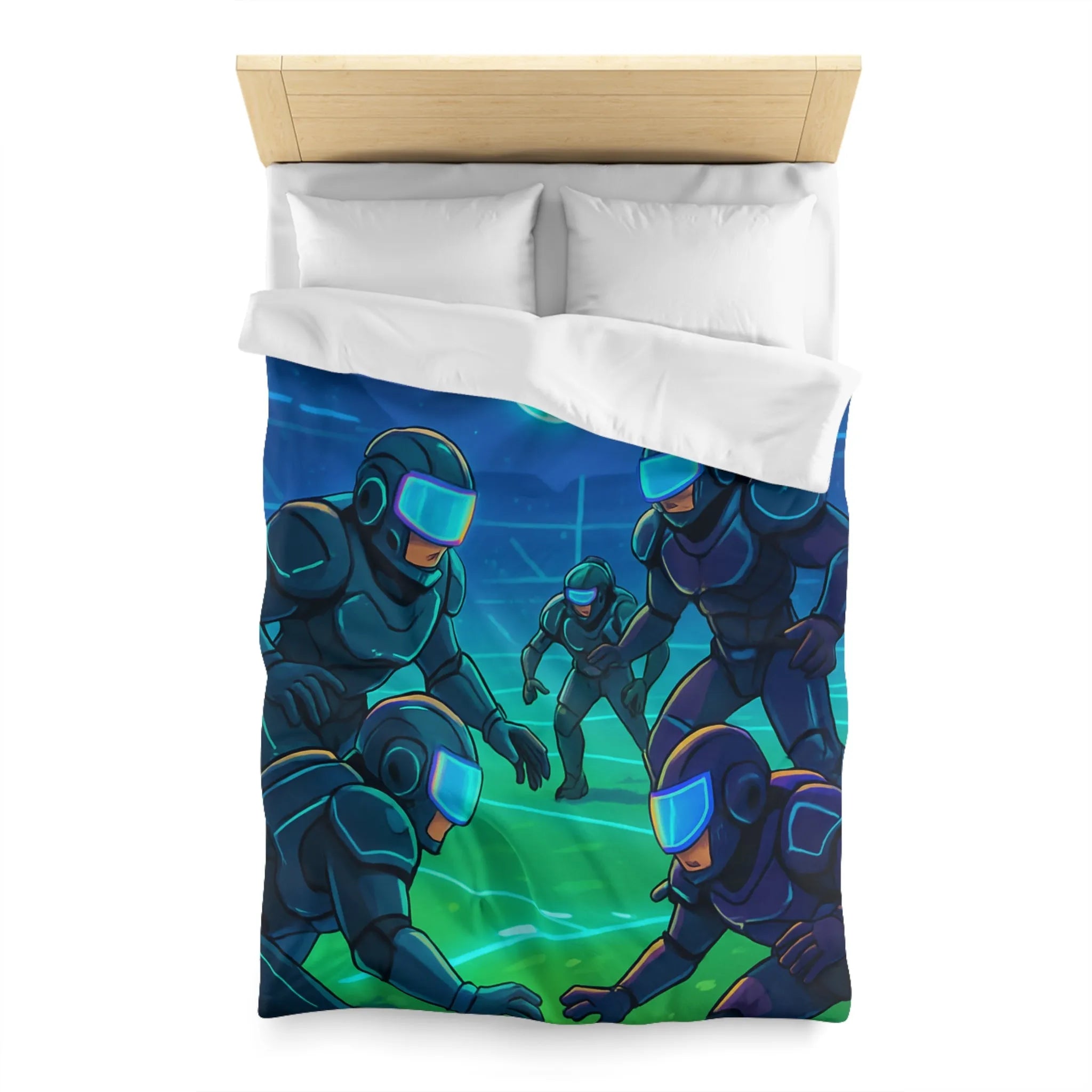 Housse de couette futuriste avec joueurs cybernétiques et drones sur terrain de sport