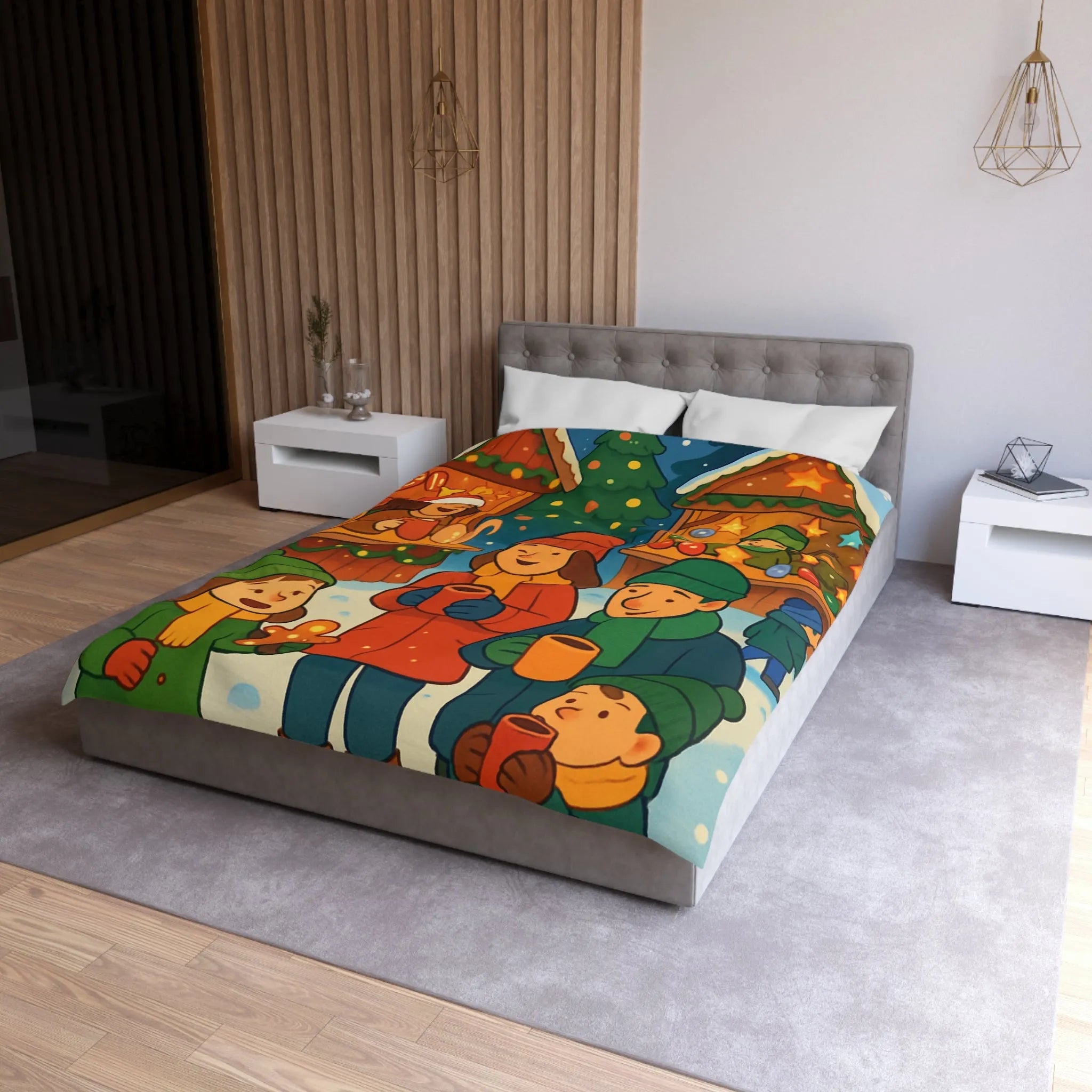 Housse de couette chaleureuse illustrant une scène festive de marché de Noël joyeux