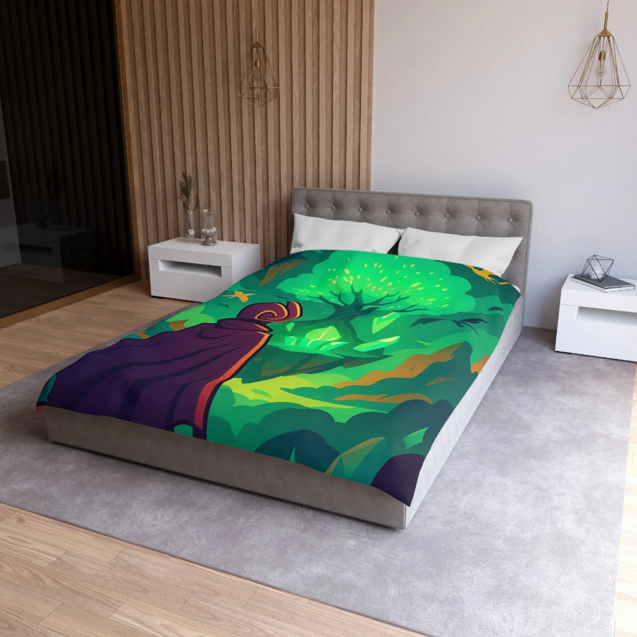 Housse de couette magique avec arbre brillant flottant, créatures volantes et paysages féeriques