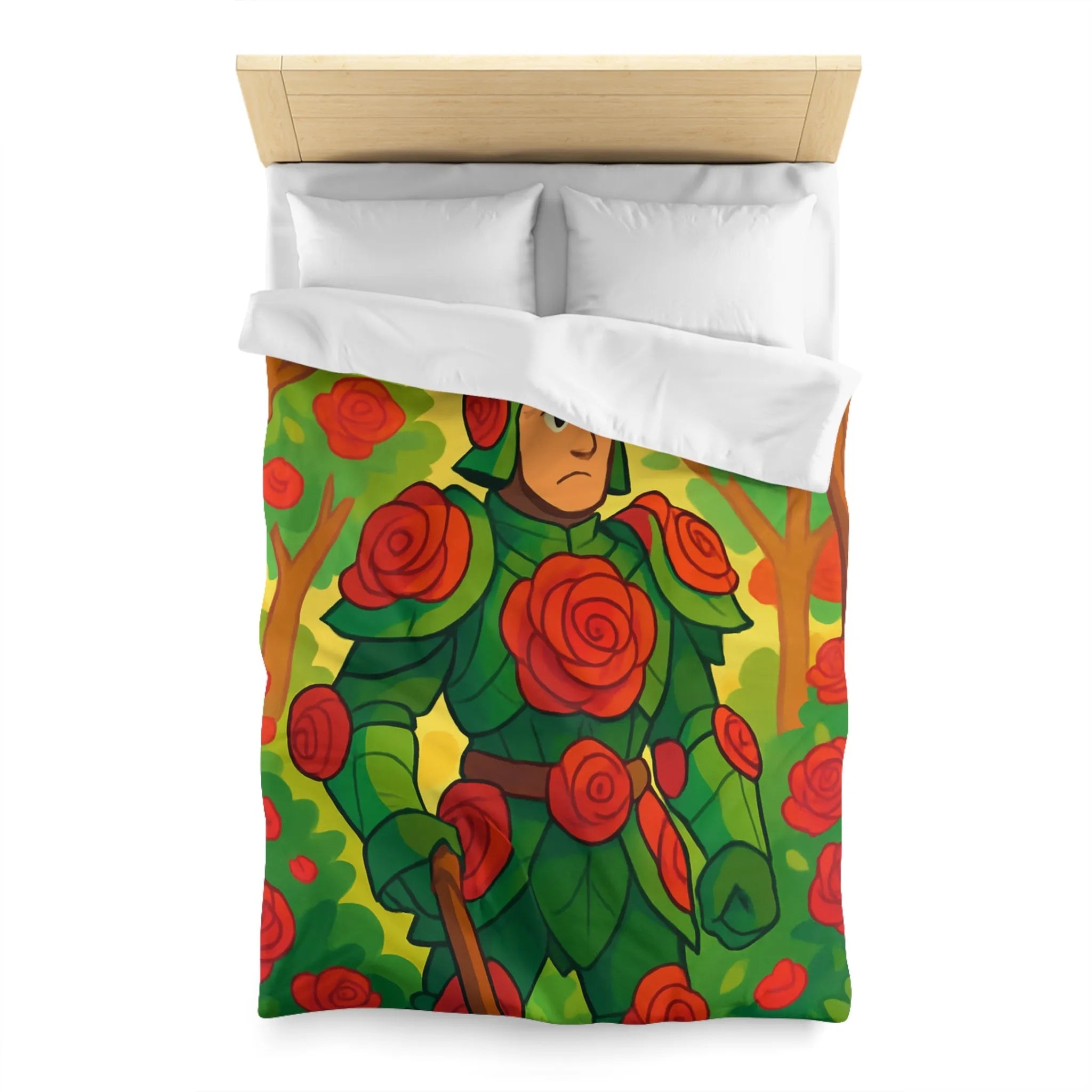 Housse de couette au design chevalier floral avec roses rouges et feuillage vert