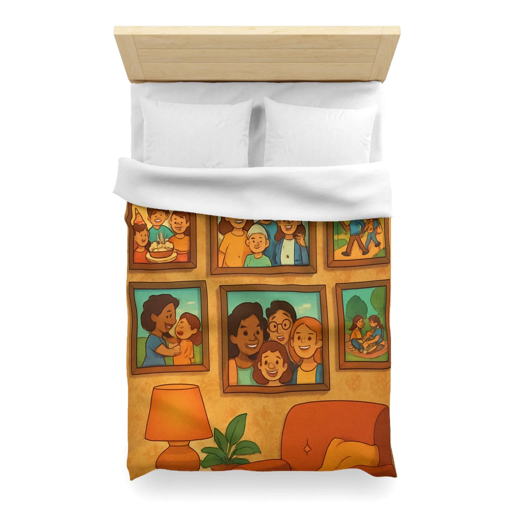 Housse de Couette Famille Heureuse avec Cadres Photo et Éléments Vintage pour Chambre