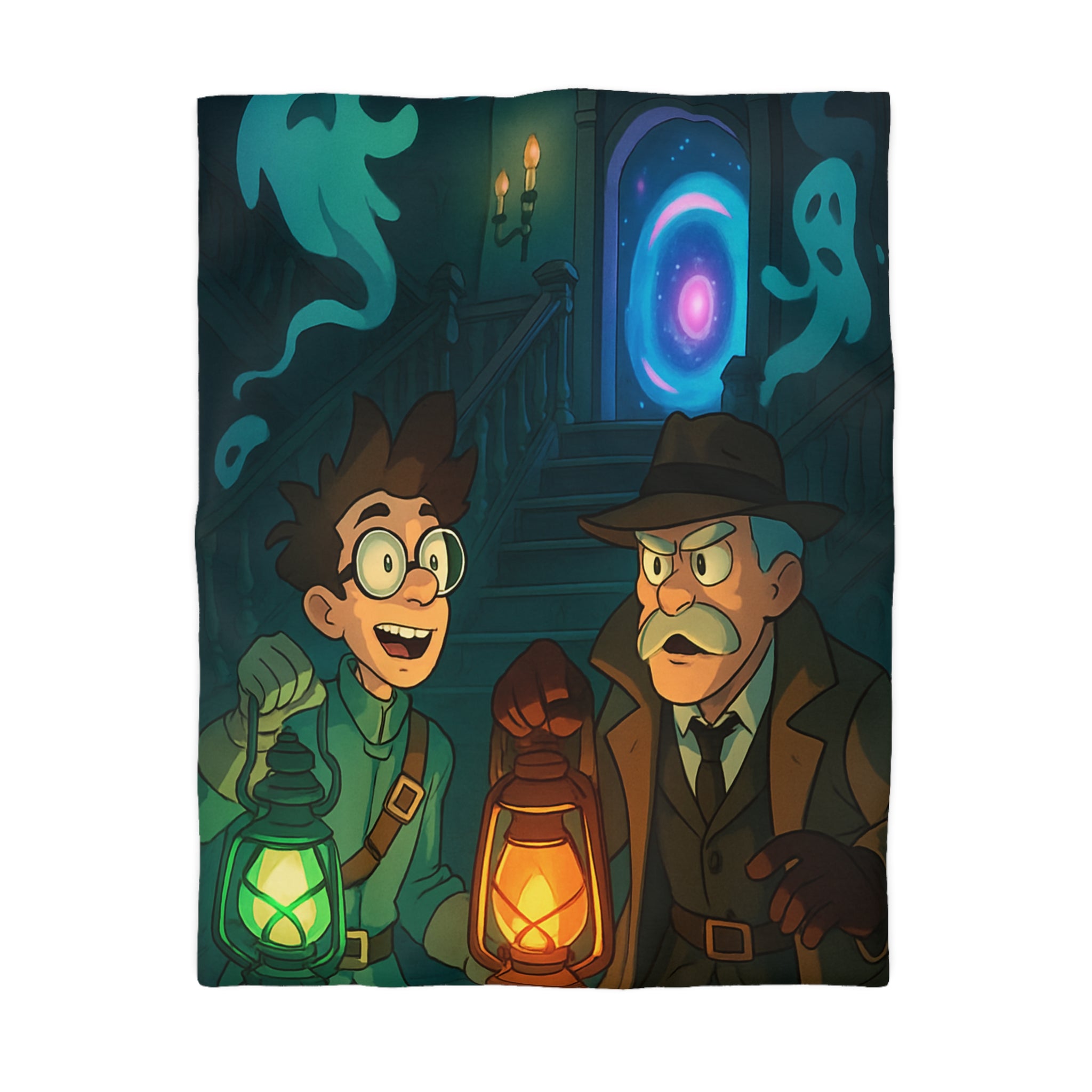 Housse de couette mystère avec lanternes, enquêteurs, fantômes et portail mystérieux
