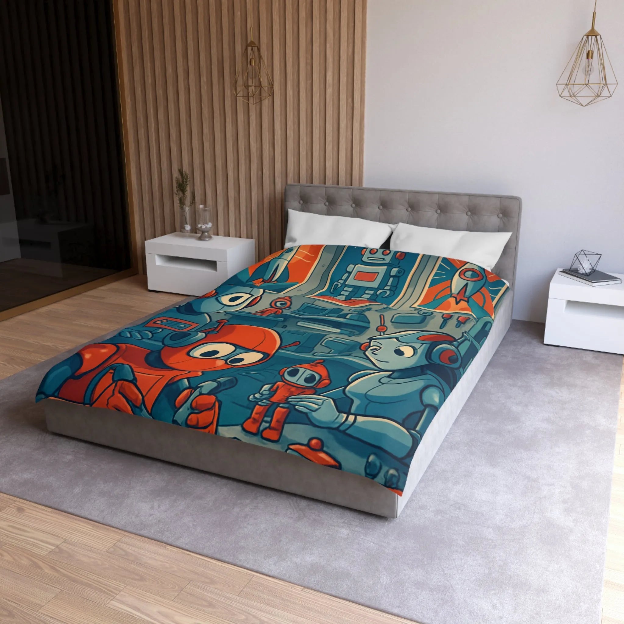 Housse de Couette Adorable Atelier de Robots pour Enfants au Look Rétro Futuriste