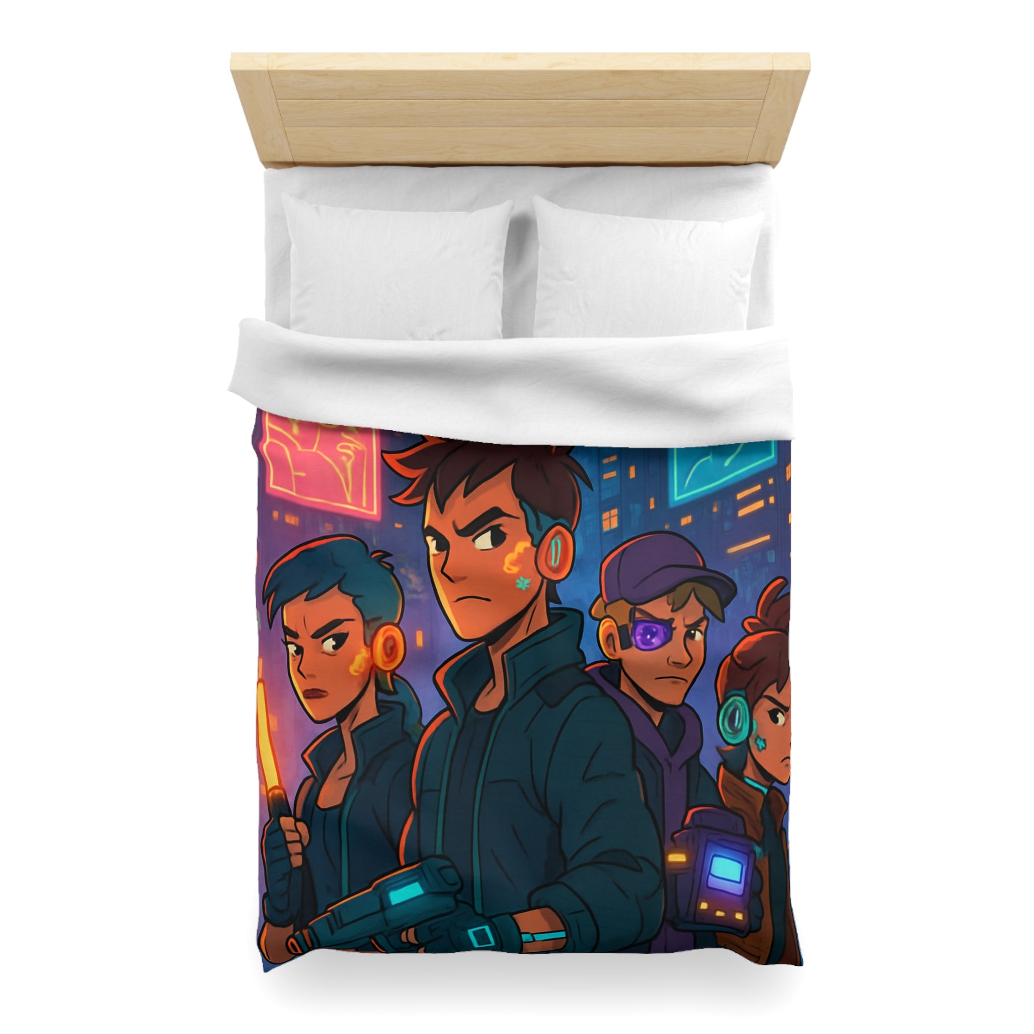 Housse de couette style rétro futuriste avec scène urbaine néon et personnages cyberpunk