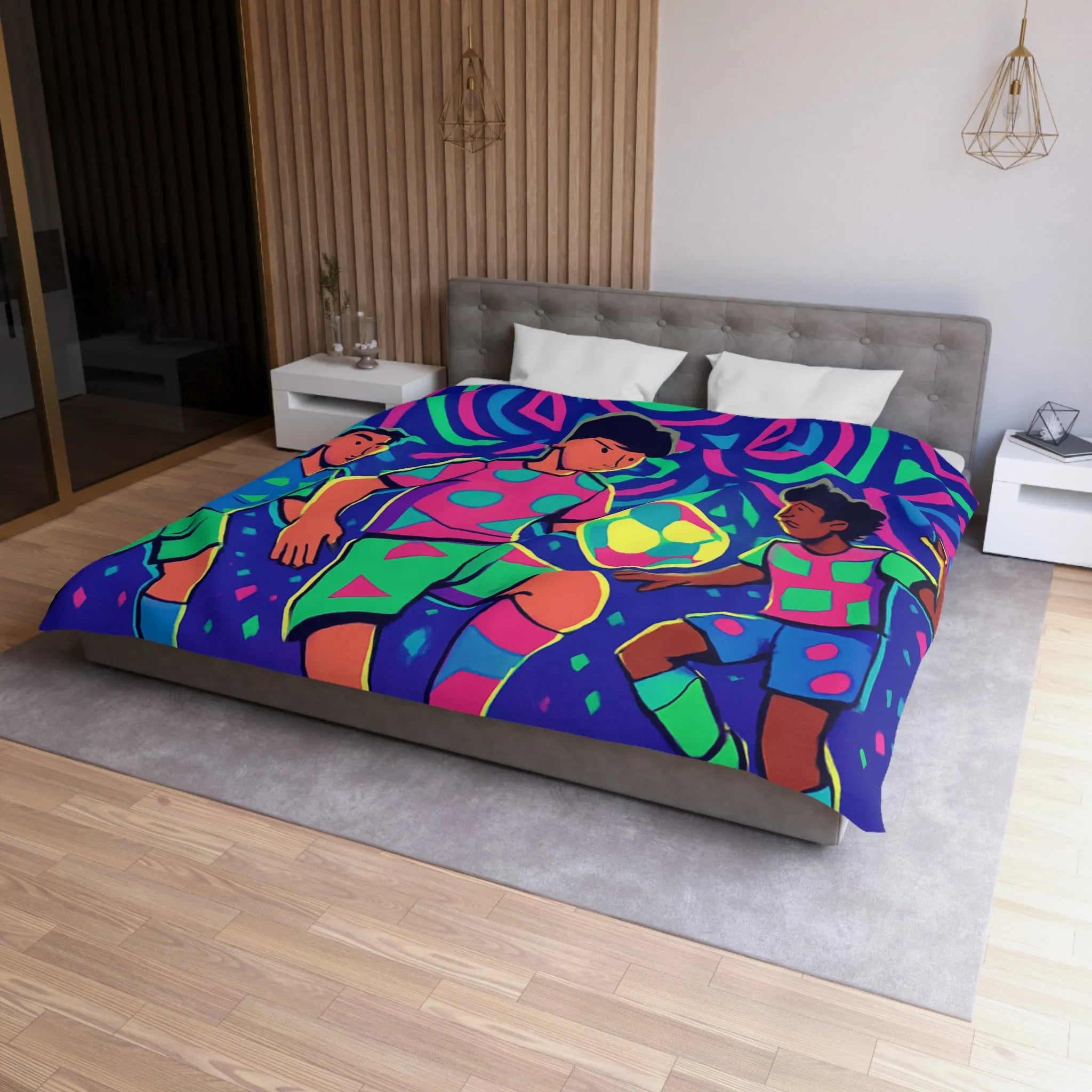 Housse de Couette Football Colorée avec Motifs Psychédéliques et Jeunes Joueurs en Action