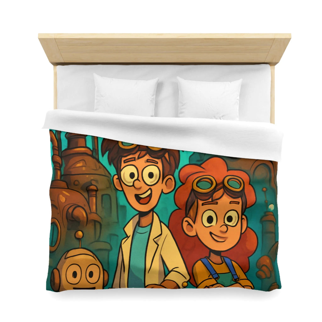 Exploration robotique en atelier steampunk coloré avec jeunes inventeurs et machines futuristes