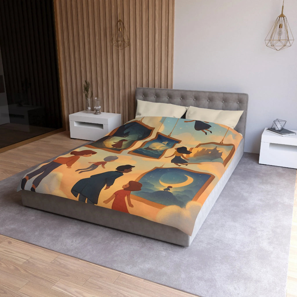 Housse de couette avec enfants volant parmi des tableaux de contes et de rêves