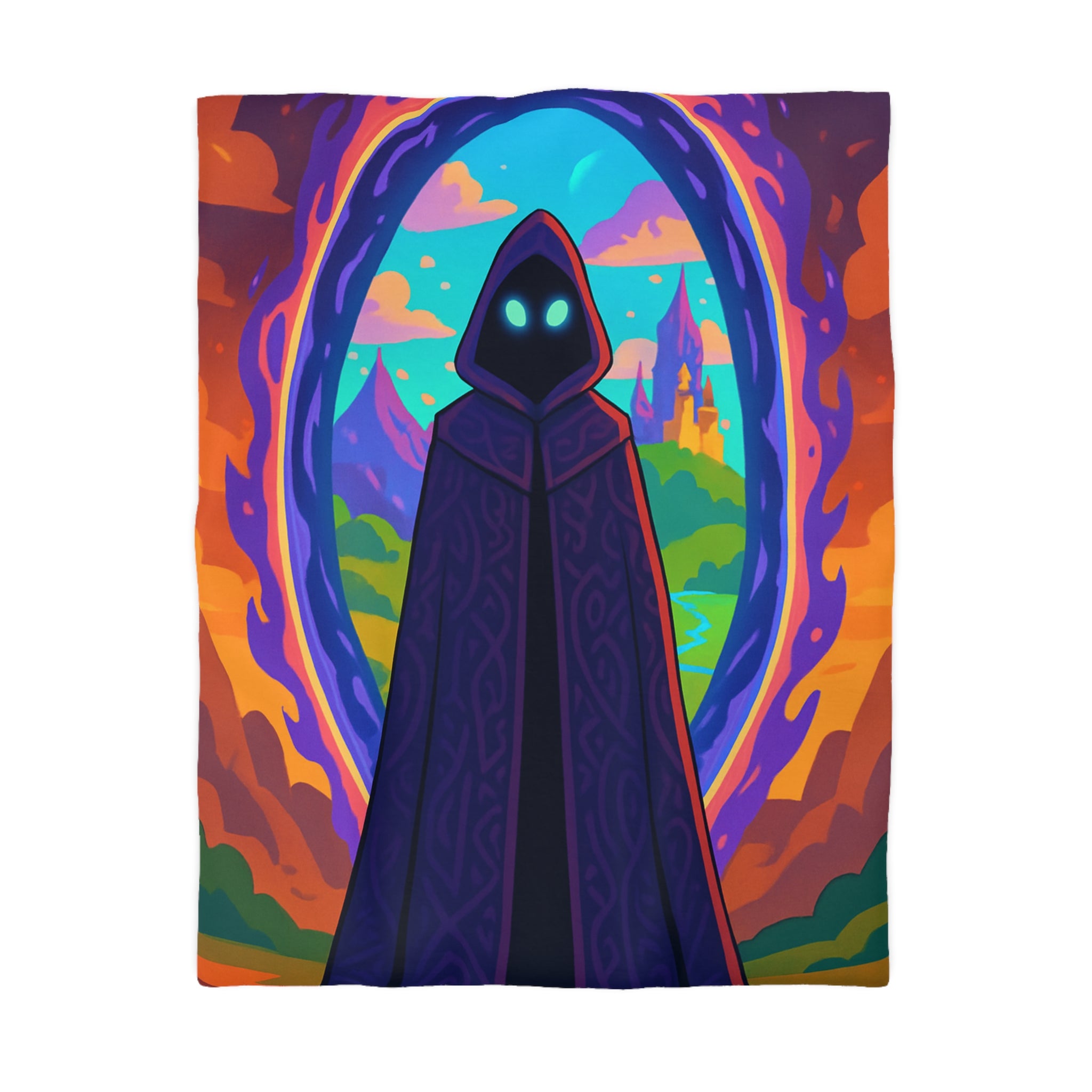 Mystérieux paysage enchanté avec mage en robe près du portail vibrant coloré