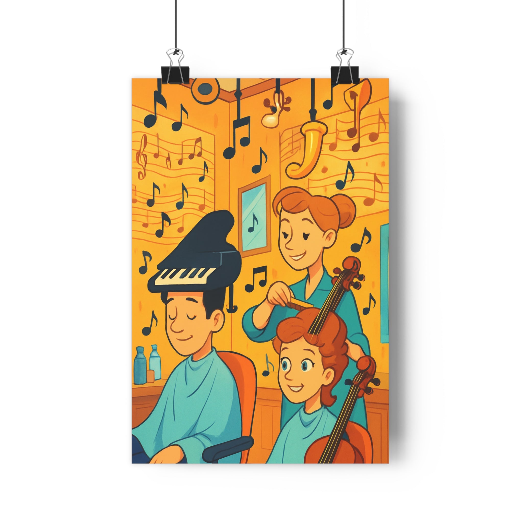 Poster décoratif cartoon jaune bleu salon enfant musical joyeux artistique harmonieux intérieur créatif unique