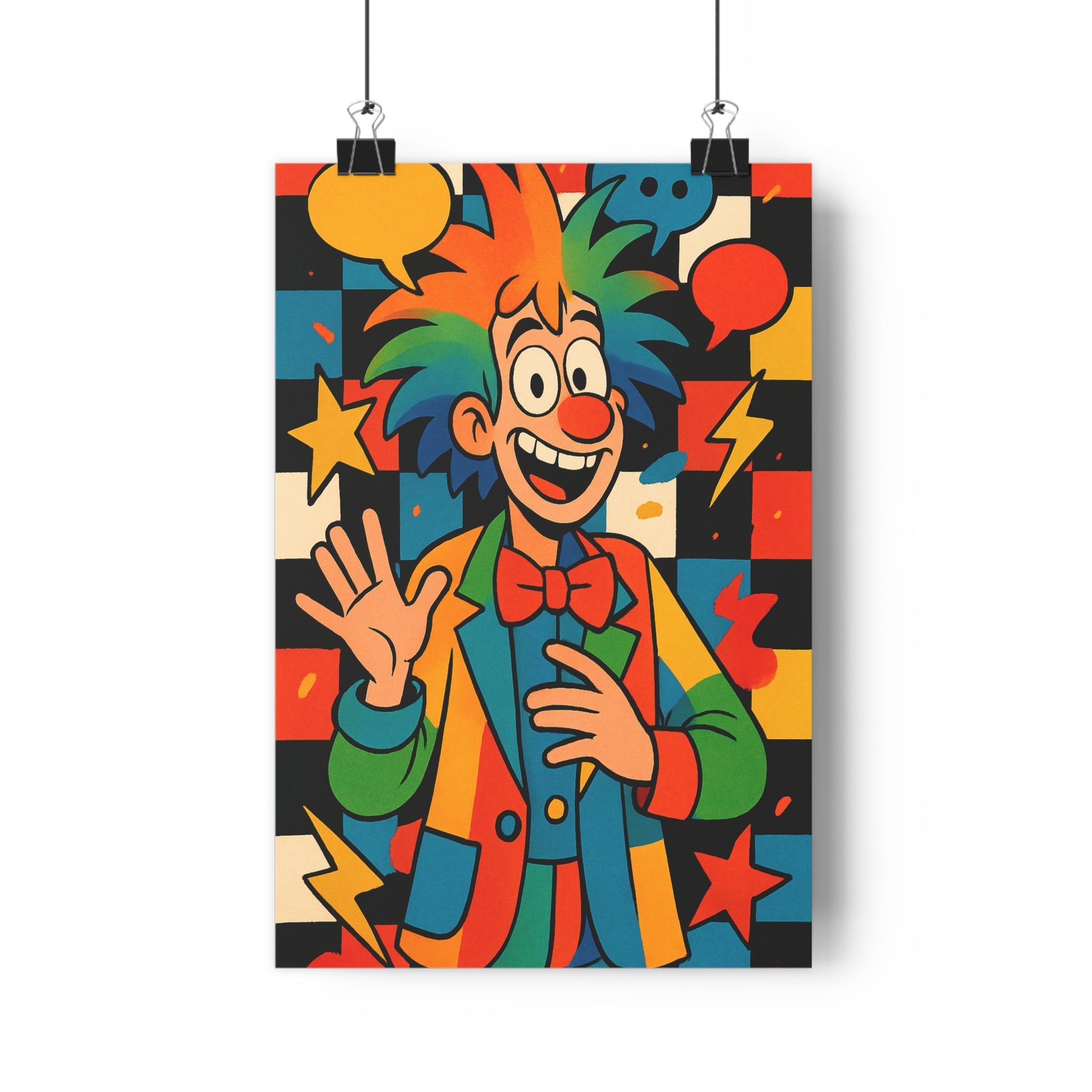 Poster décoratif pop art clown multicolore rouge bleu jaune vert joyeux salon chambre enfant