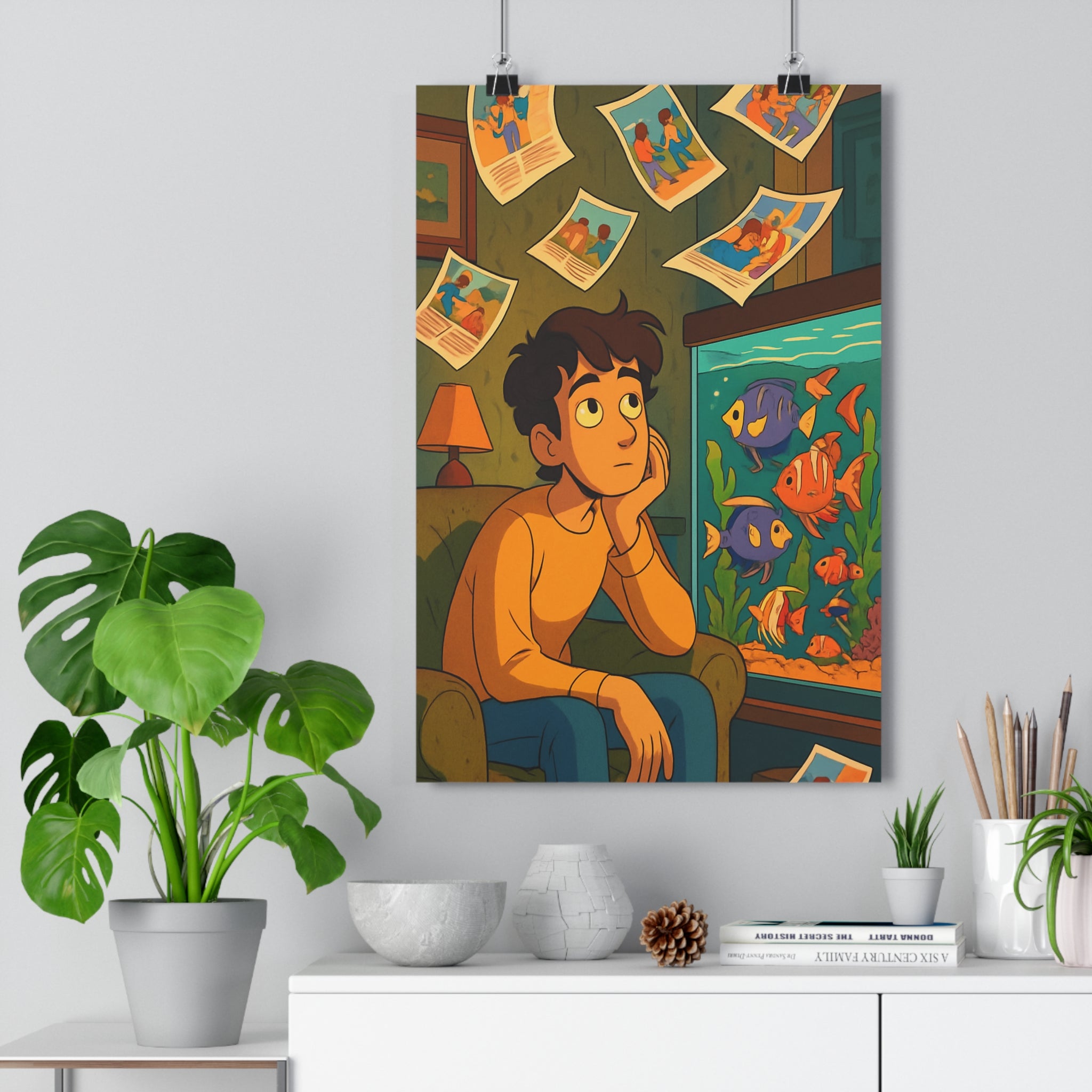Poster décoratif anime coloré contemplatif rêveur salon chambre vibrant artistique jeune homme poissons photos