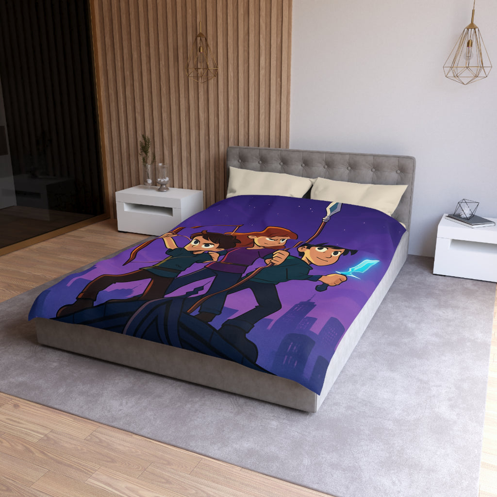 Housse de couette urbaine illustrée, ambiance aventure mystique avec enfants et armes