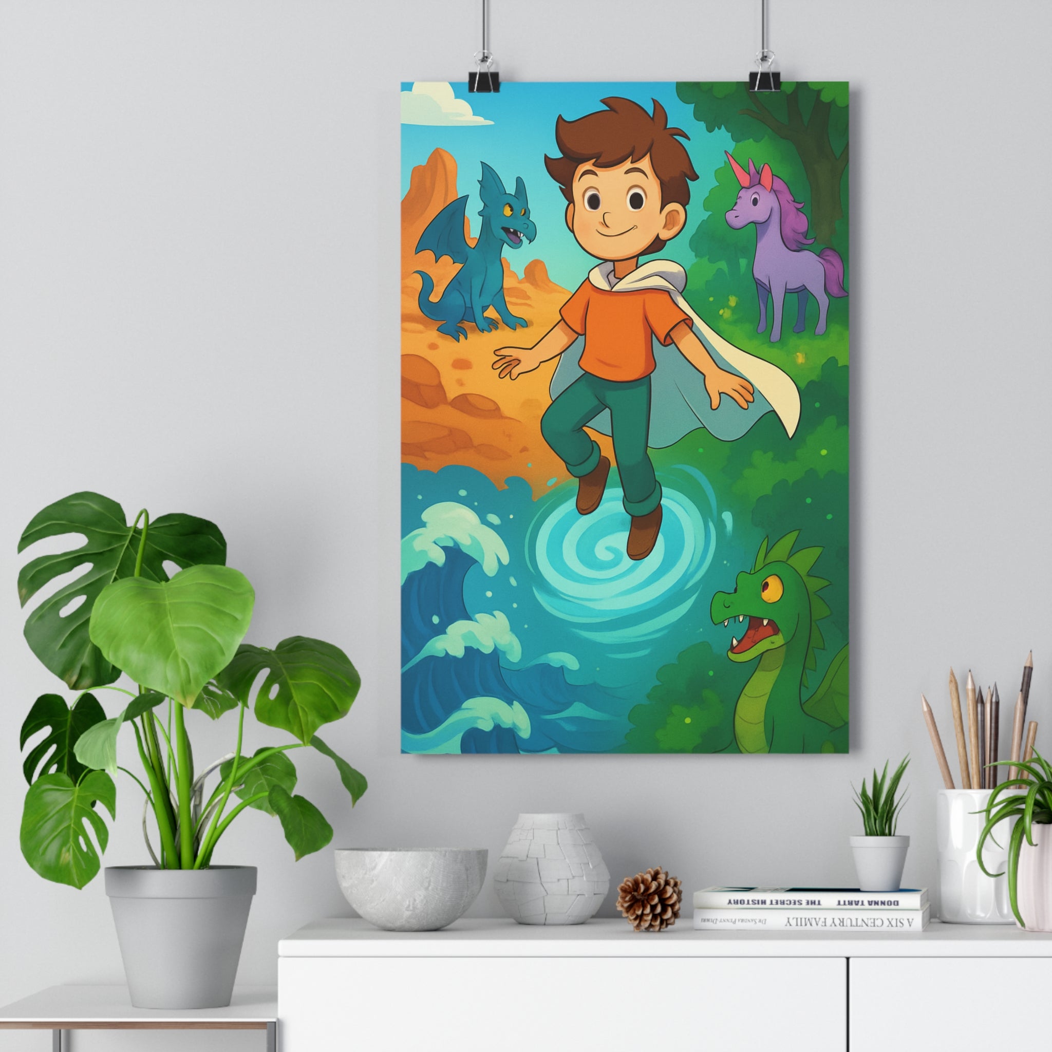 Poster décoratif anime magique coloré bleu vert violet mystique aventure garçon cape dragon licorne