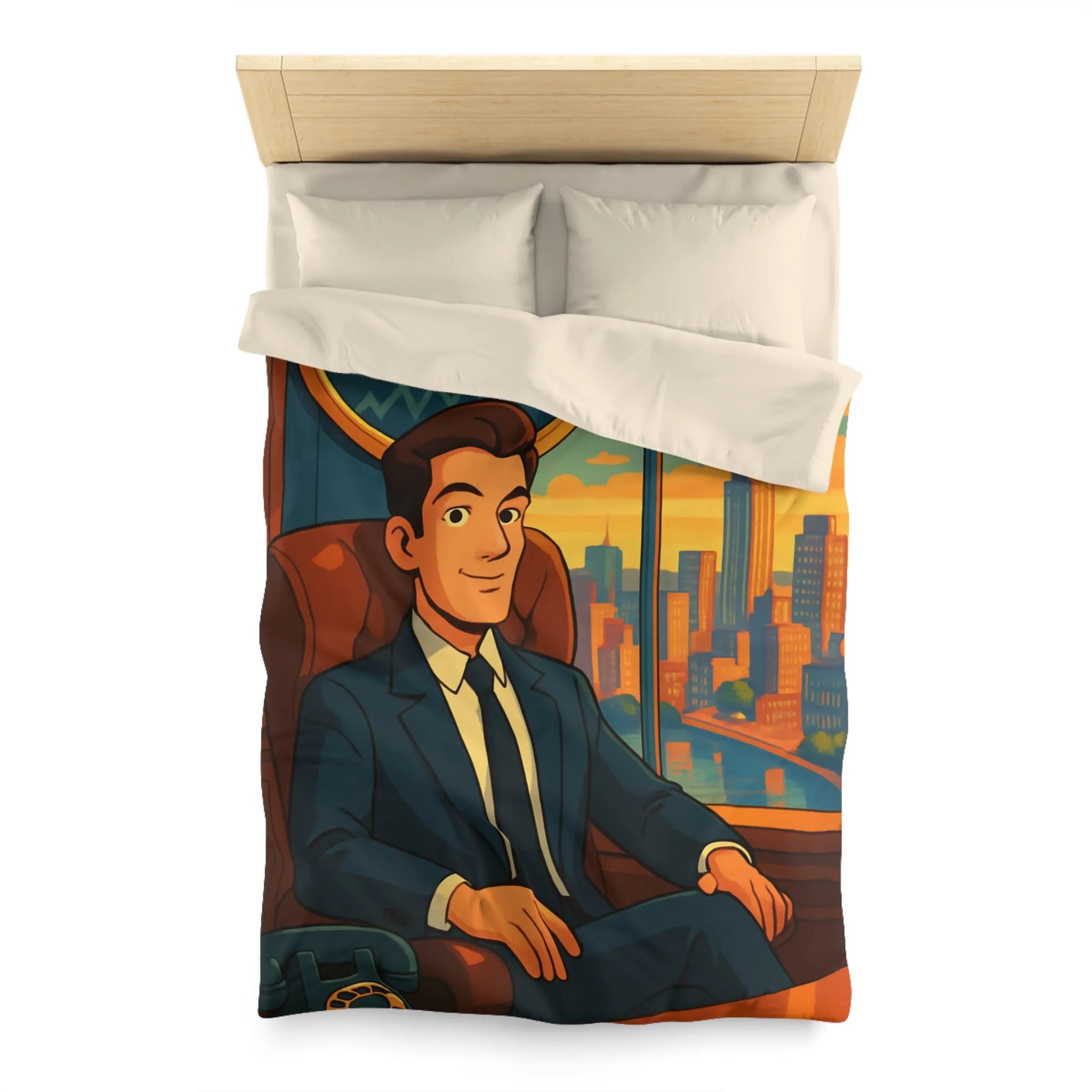 Élégante housse de couette avec homme d'affaires et horizon urbain stylisé en coucher de soleil