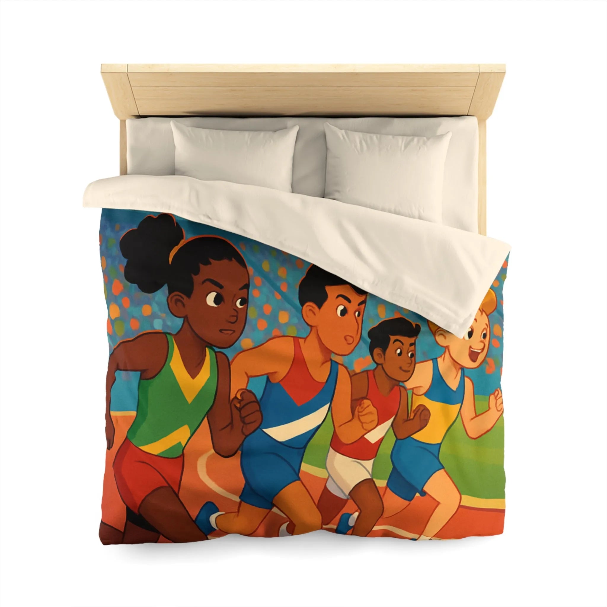 Housse de couette illustrée course d’athlétisme enfants vibrant soleil dynamique