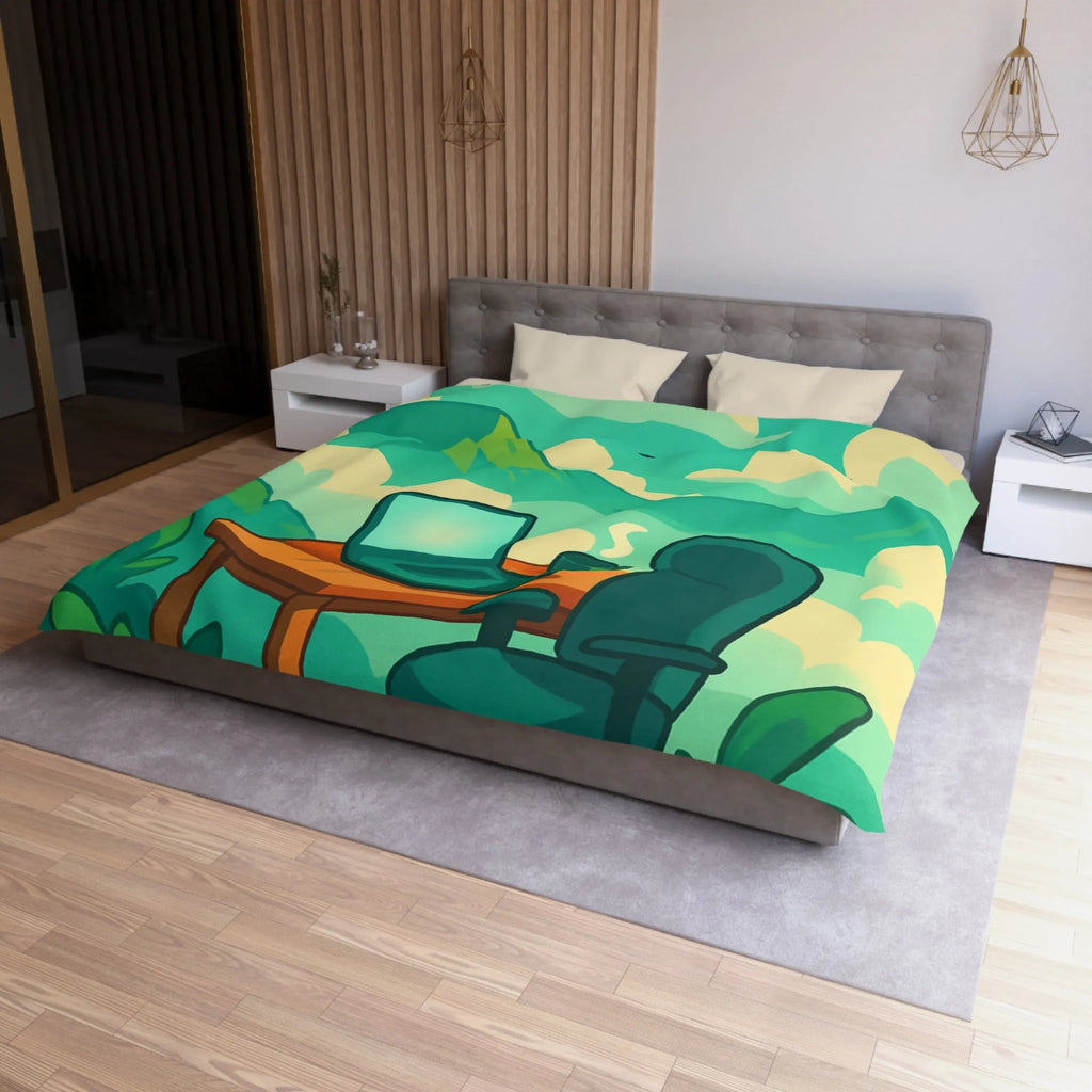 Housse de couette avec paysage de montagne, nature verdoyante, bureau et ciel serein