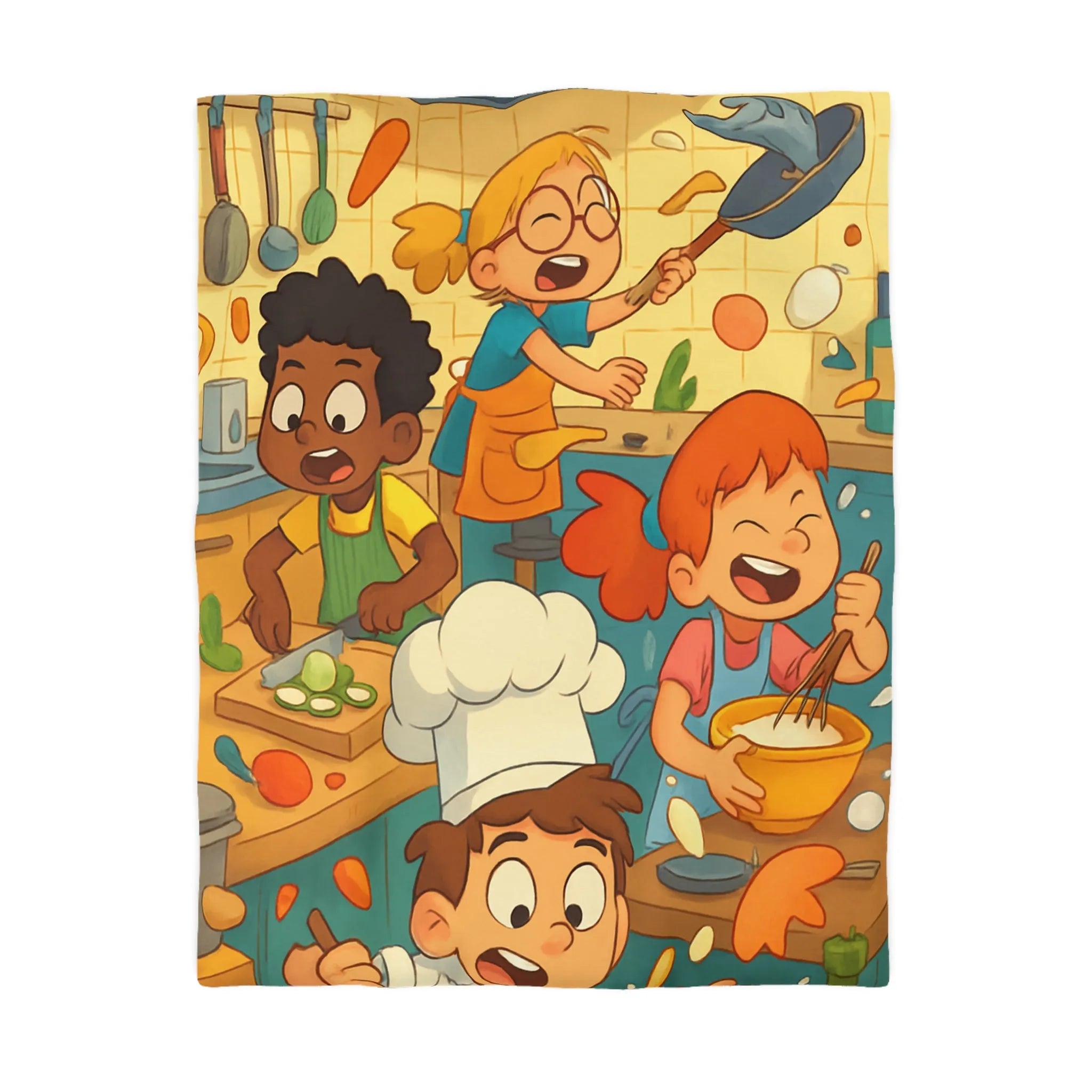 Housse de couette illustrée cuisine enfants joyeux couleurs vives spatule éclaboussures légumes