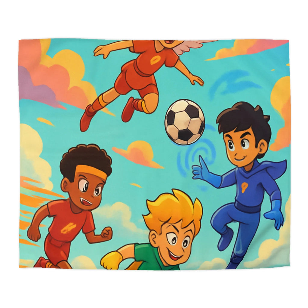 Housse de couette colorée avec enfants jouant au football dans un style cartoon céleste