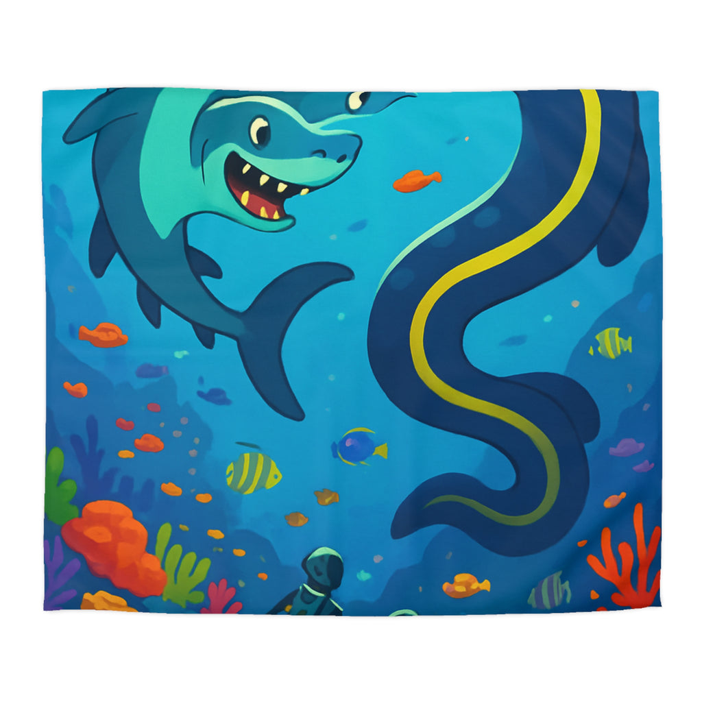 Housse de couette océan vibrante avec requins amicaux et plongeurs explorateurs