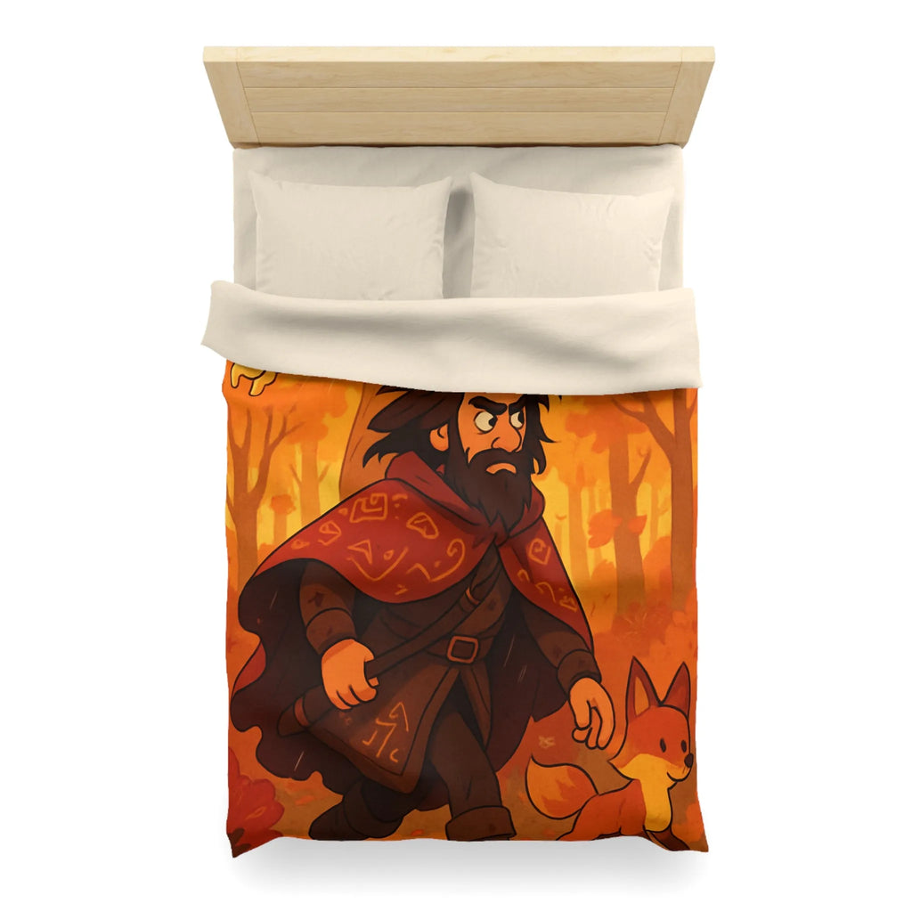 Housse de Couette Artistique avec Forêt Mystique d'Automne, Homme Barbu et Animaux Joyeux