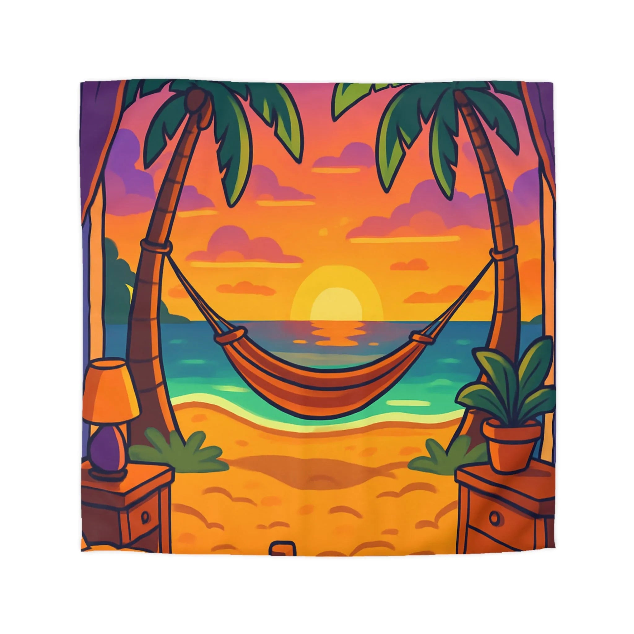 Housse de couette coucher de soleil tropical avec palmiers et hamac détendu