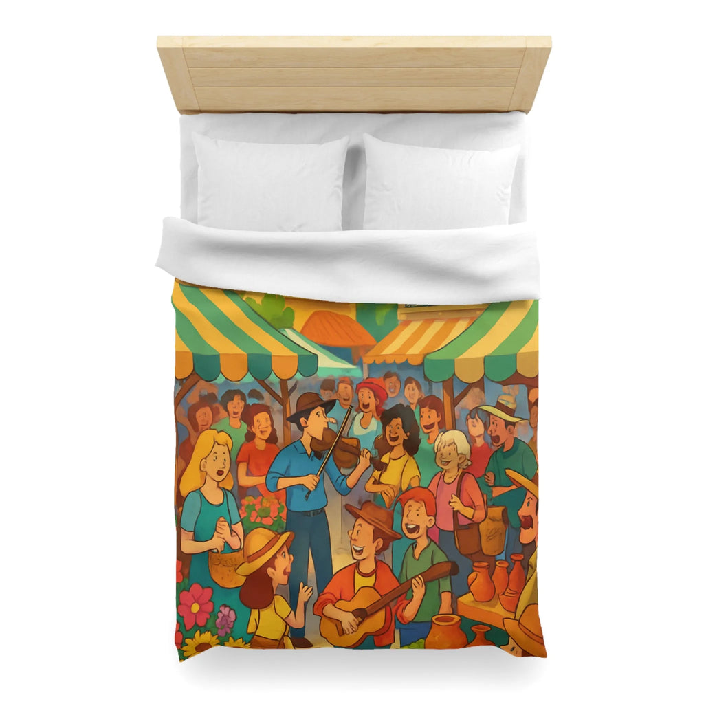 Housse de couette colorée avec scène de marché animé et ambiance joyeuse en plein air